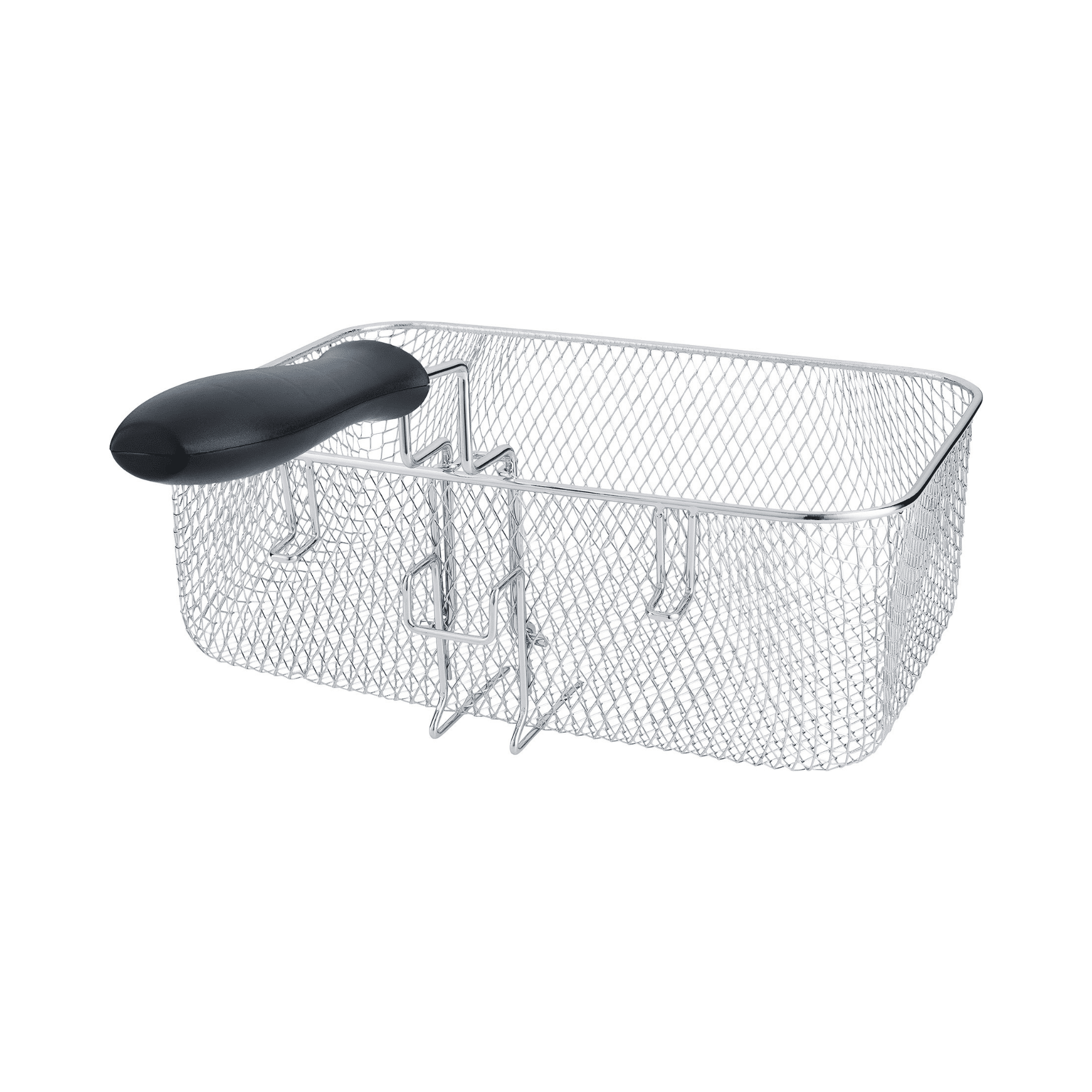 Großer Frittierkorb aus Edelstahl mit schwarzem, ergonomischem Griff. Ideal für die Verwendung in Steba Fritteusen.