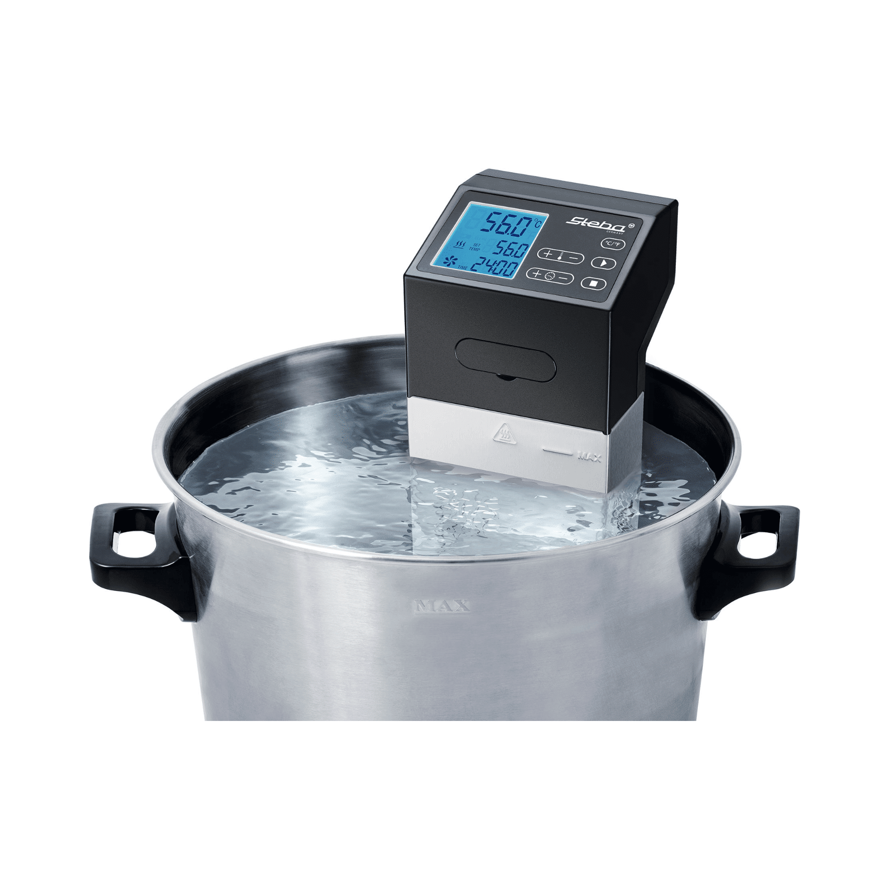 Sous Vide Garer Steba SV100 in einem Topf mit Wasser, digitale Anzeige, einfach zu bedienen.