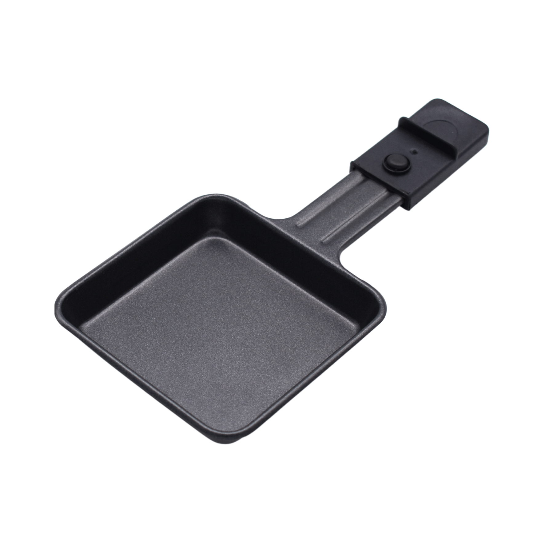 Schwarzes Raclette-Pfännchen von Steba mit flacher, quadratischer Form und einem praktischen Griff. Ideal für Raclette-Geräte.