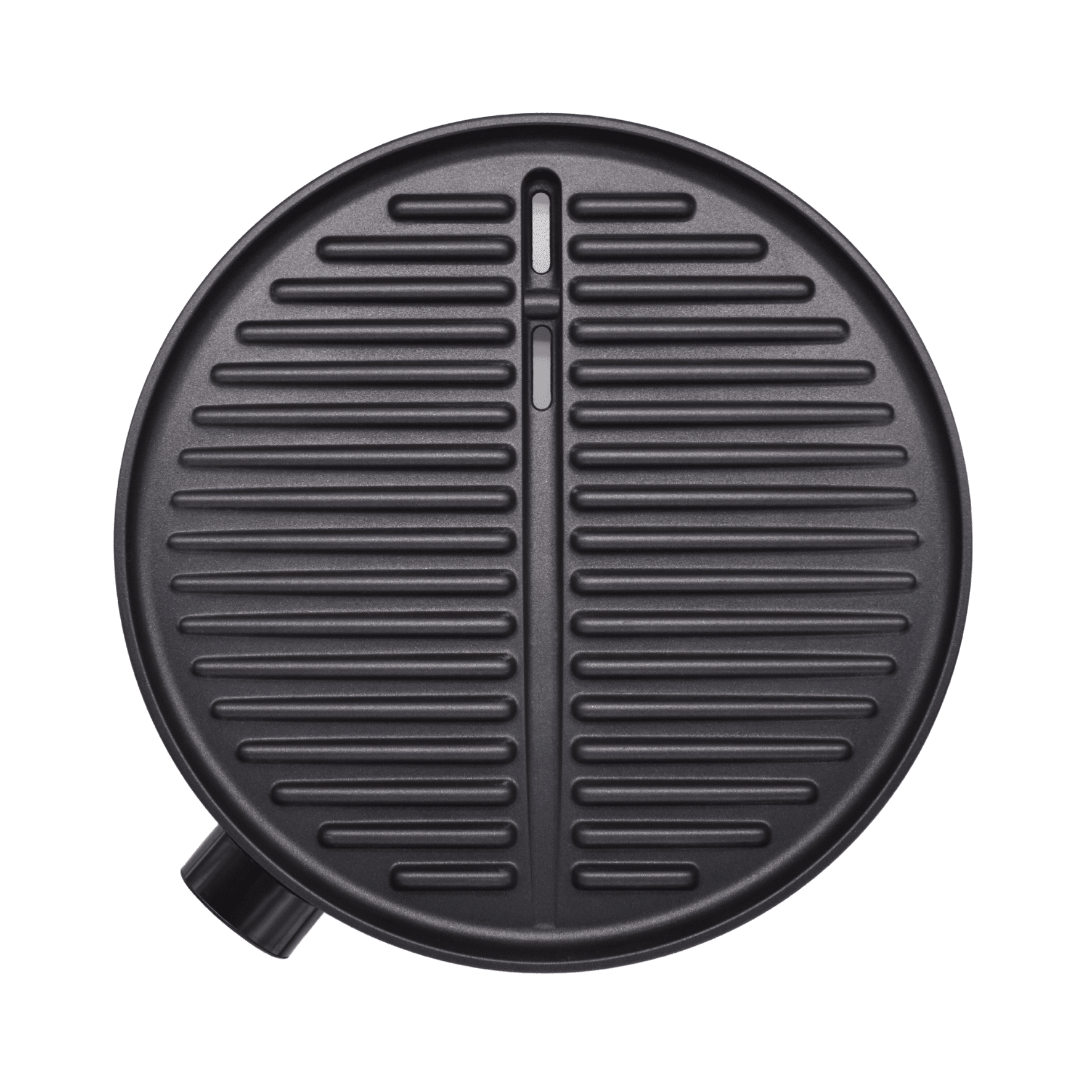 Runde Grillplatte von Steba, schwarz mit Rillenstruktur, geeignet für BBQ, um gleichmäßige Grillspuren zu hinterlassen.