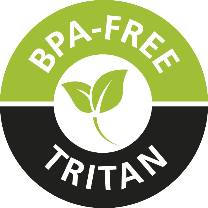 Logo in Form eines Kreises mit dem Text "BPA-FREE TRITAN" und einem Blatt-Symbol, das umweltfreundliche Materialien kennzeichnet.