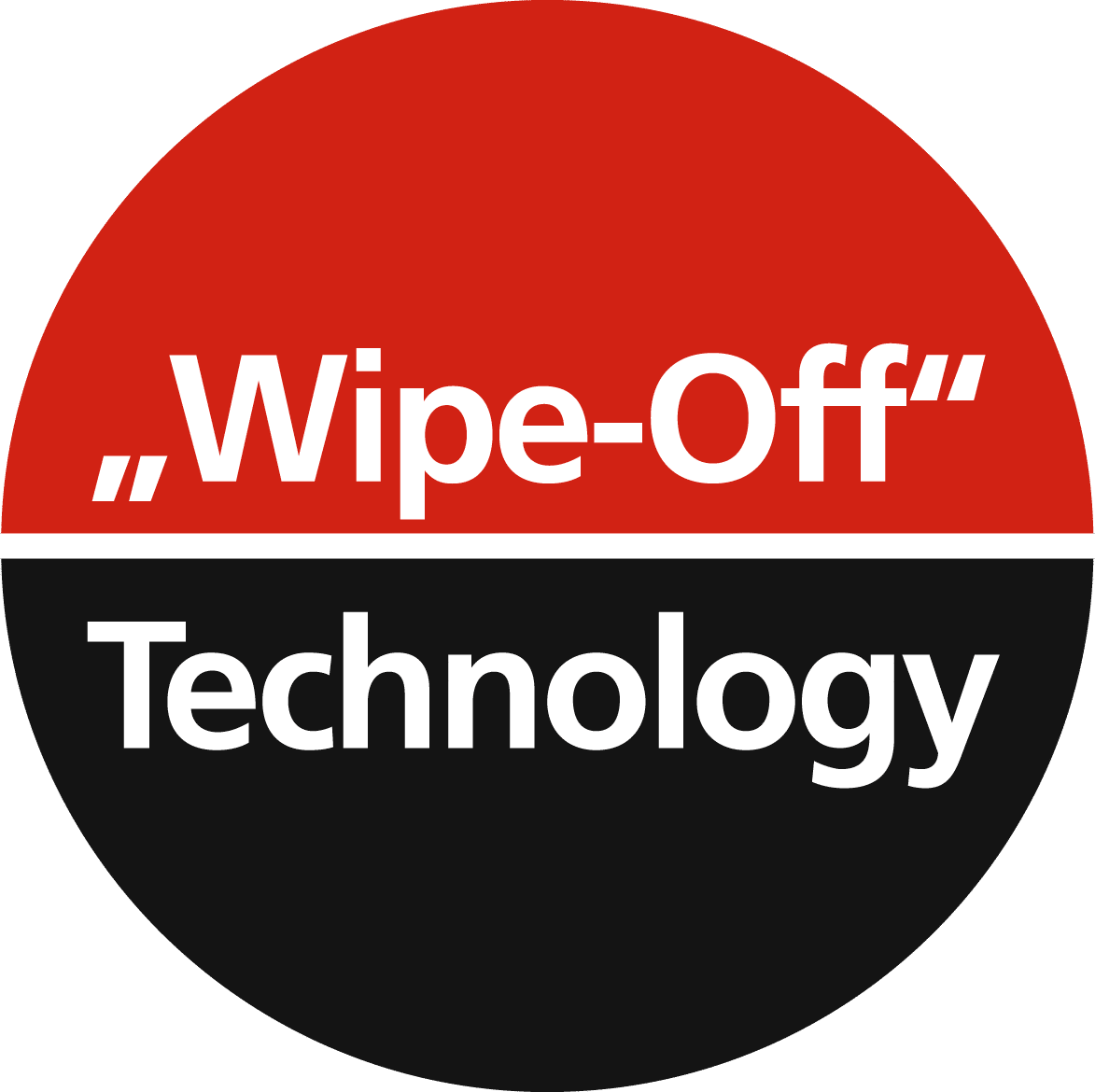 Logo der „Wipe-Off“-Technologie von Steba, bestehend aus einem roten und schwarzen Kreis mit Text.