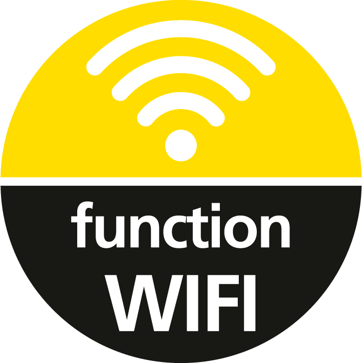 Symbol für die WiFi-Funktion mit Wellen und dem Text "function WIFI" in gelb und schwarz.