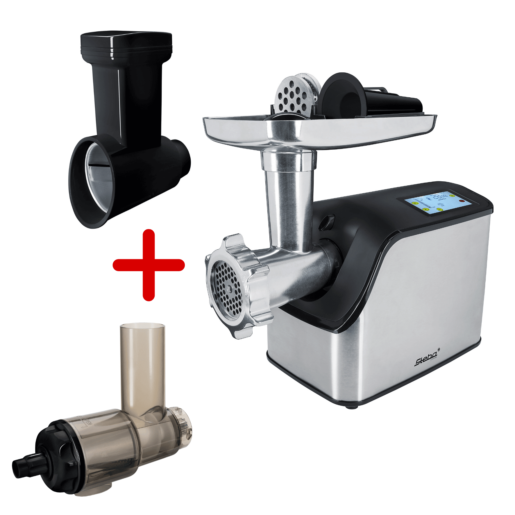Elektrischer Fleischwolf Steba MG 1600 mit digitalem Display und Zubehörteilen für vielseitige Anwendungen.