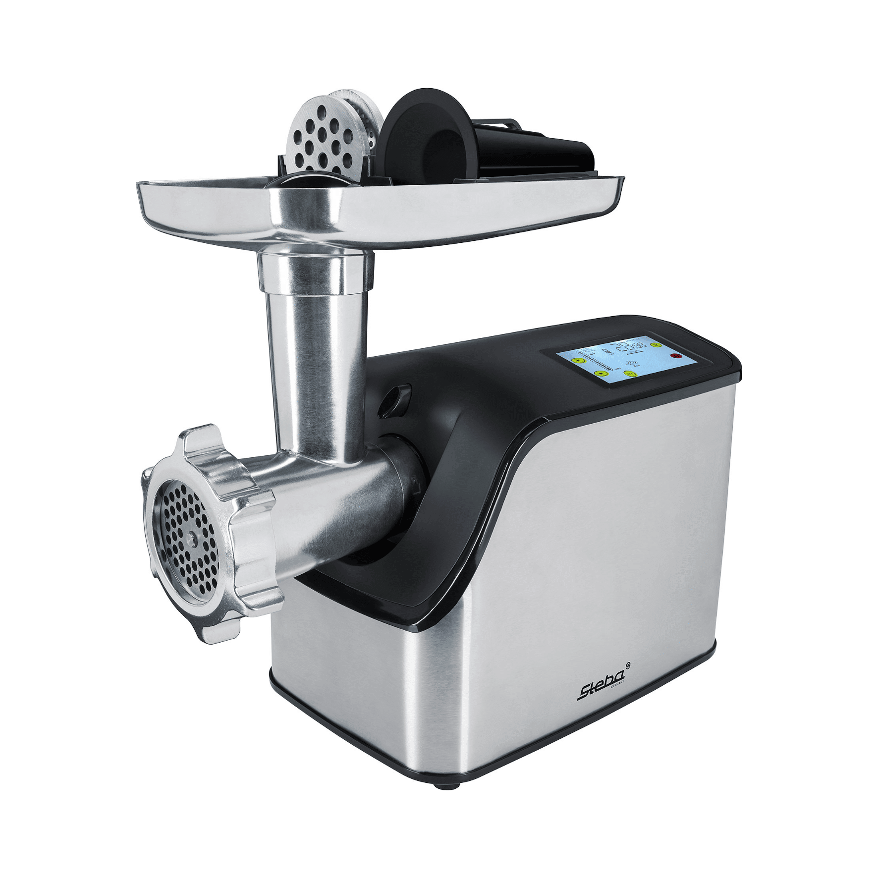 Fleischwolf Steba MG 1600 mit Edelstahl-Gehäuse, digitalem Display und Aufbewahrung für Zubehör. Kompakt und leistungsstark.