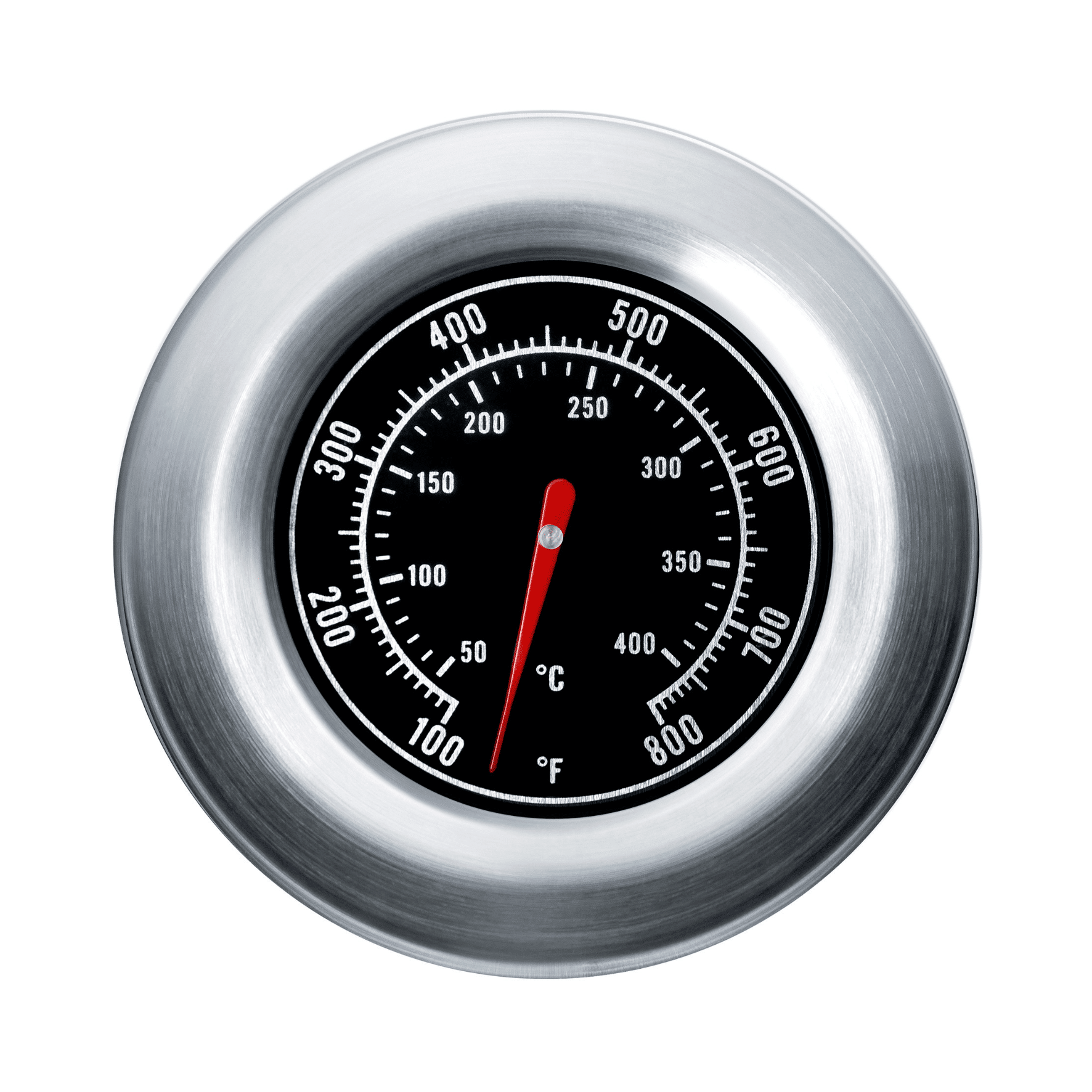 Thermometer für BBQ-Grills mit Edelstahlrahmen, Temperaturanzeige in °C und °F, Skala bis 800°F/400°C.