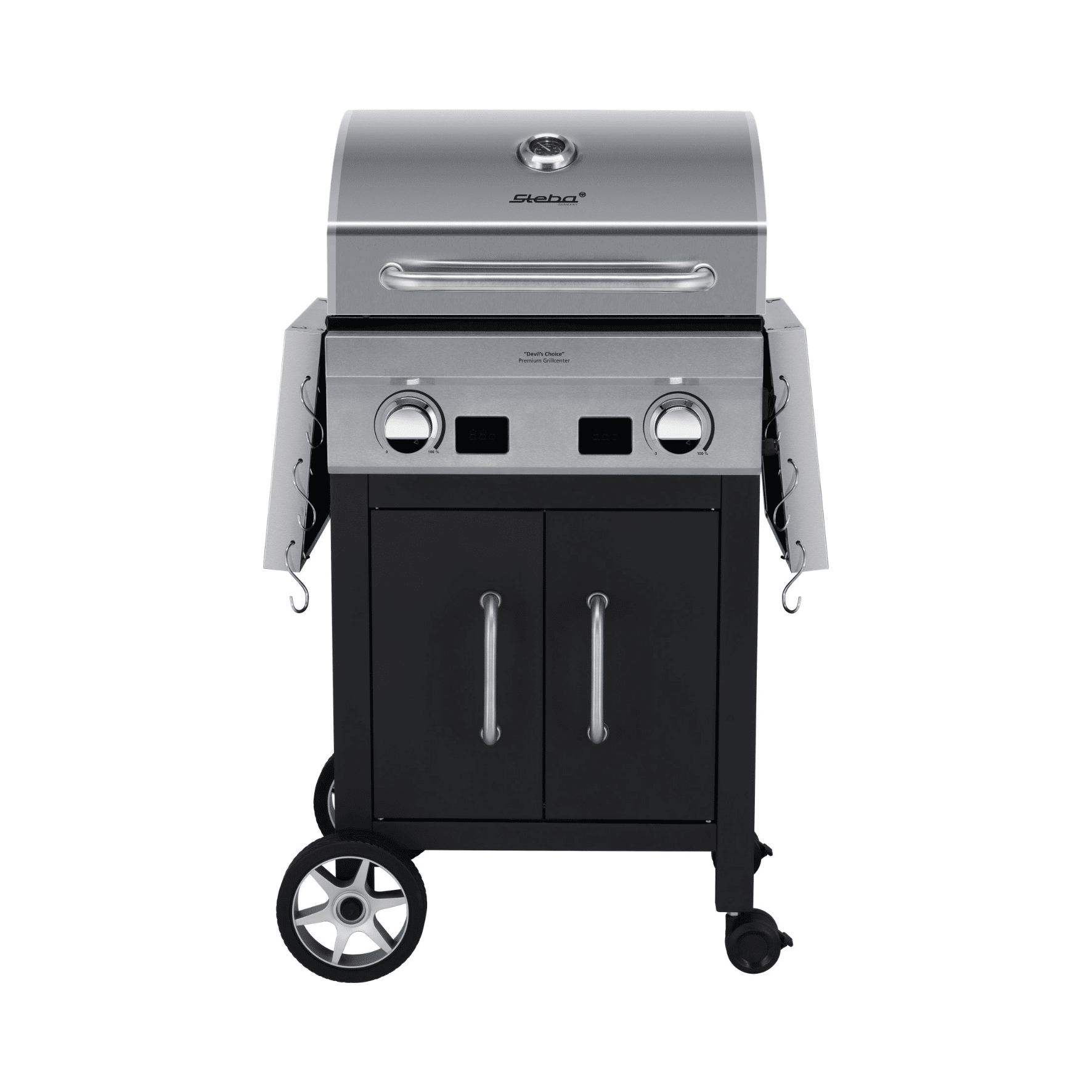 Steba VG7000 BBQ-Grill mit zwei Brennern, klappbarem Deckel und schwarzem Unterschrank auf Rollen.
