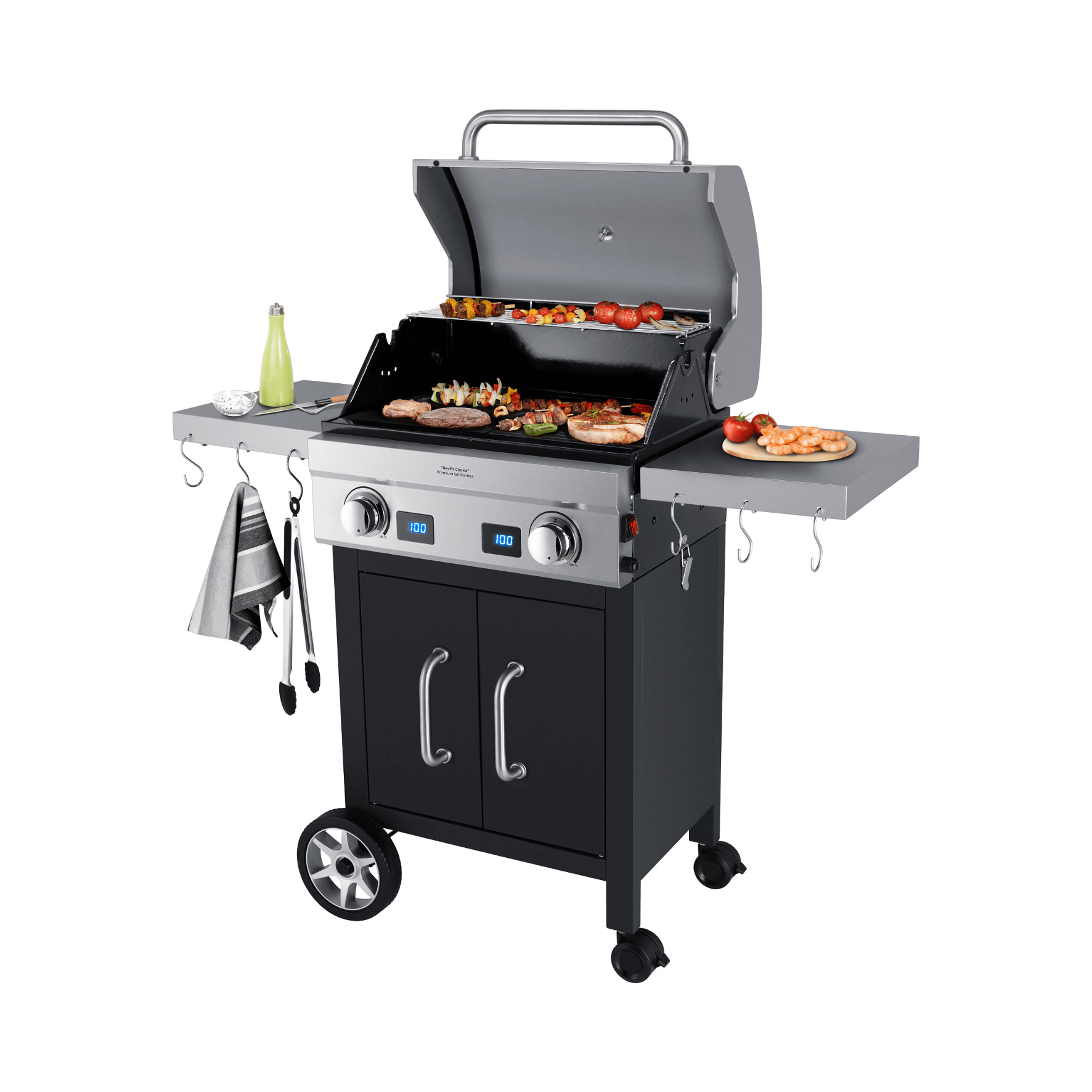 Gasgrill VG7000 von Steba mit zwei Brennern, klappbaren Seitentischen, Temperaturanzeigen und Stauraum. Ideal für BBQ.