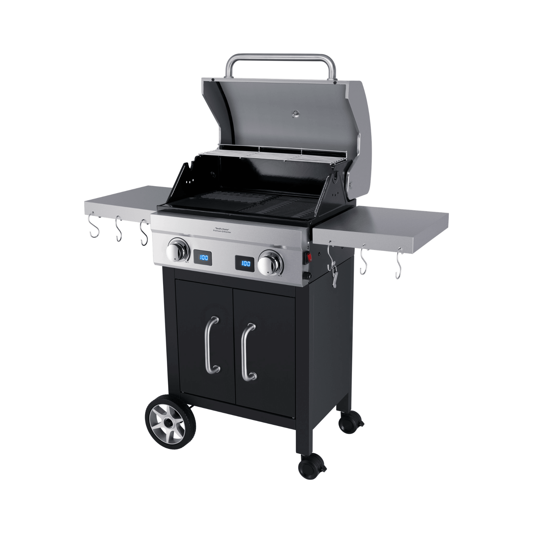 Gasgrill VG7000 von Steba, offen mit zwei Brennern, seitlichen Ablageflächen und Stauraum, auf Rollen für einfache Mobilität.