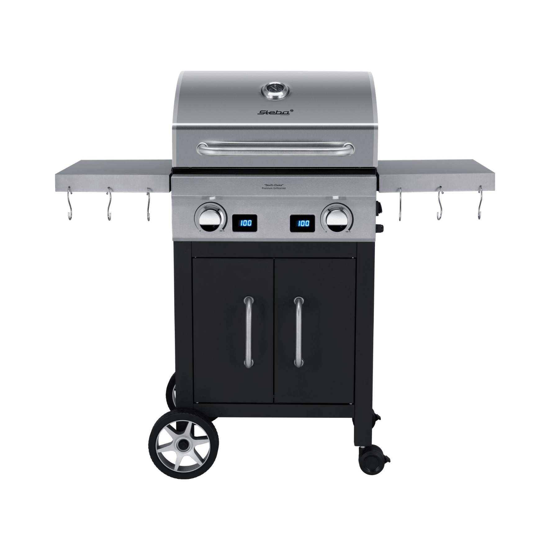 Steba VG7000 BBQ-Grill mit Edelstahl-Oberfläche, zwei Reglern, digitaler Temperaturanzeige und seitlichen Ablageflächen.