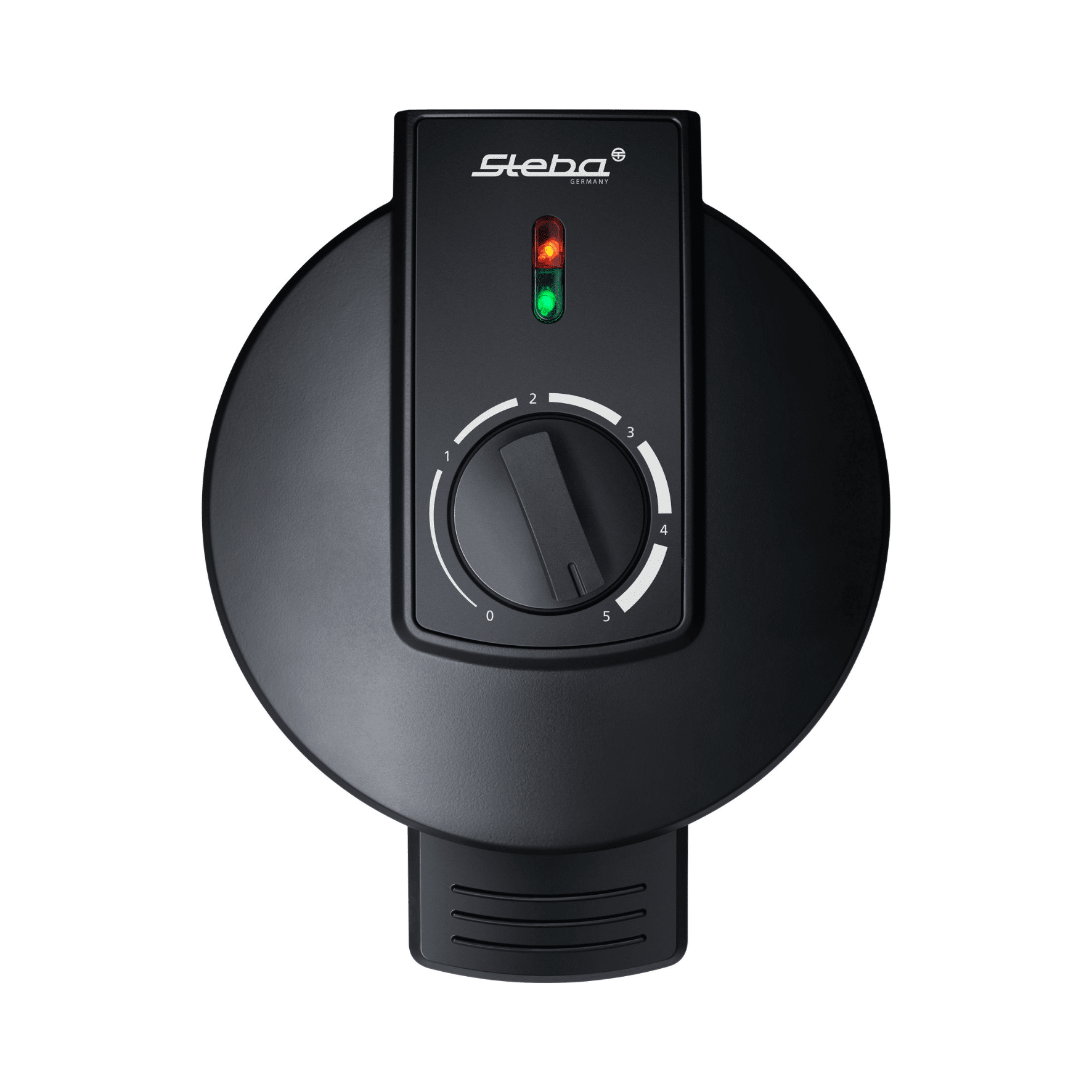 Draufsicht auf das Steba Waffeleisen WE3XL mit Temperaturregler und zwei Kontrollleuchten in Schwarz.