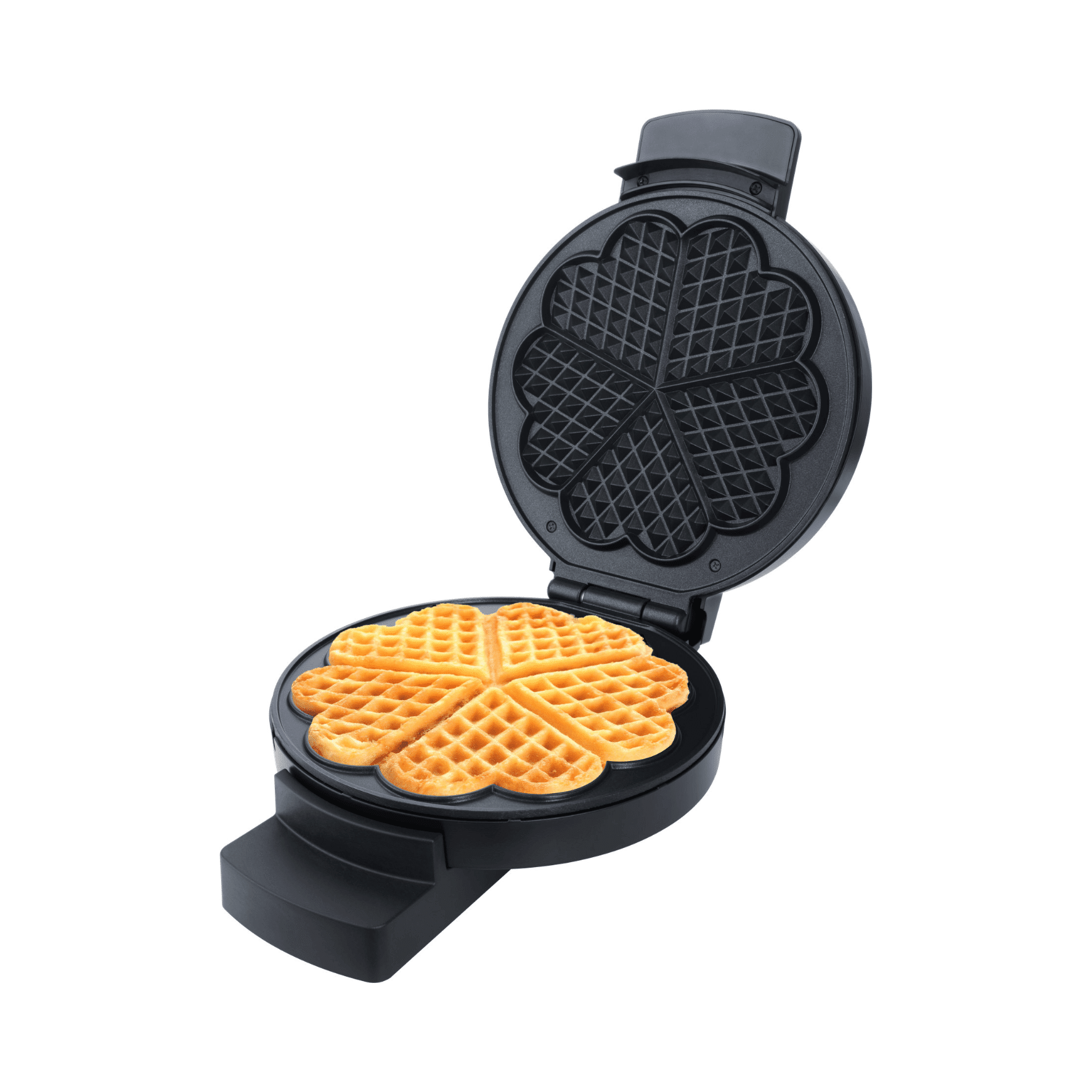 Waffeleisen von Steba mit blütenförmiger Backfläche, geöffnet und mit frisch gebackenen Waffeln gefüllt.
