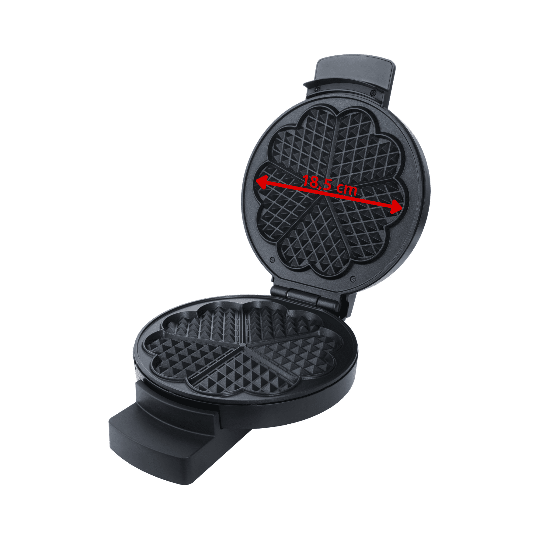 Offenes Steba Waffeleisen mit einer Backfläche von 18,5 cm im Blumenmuster, schwarz, ergonomischer Griff.
