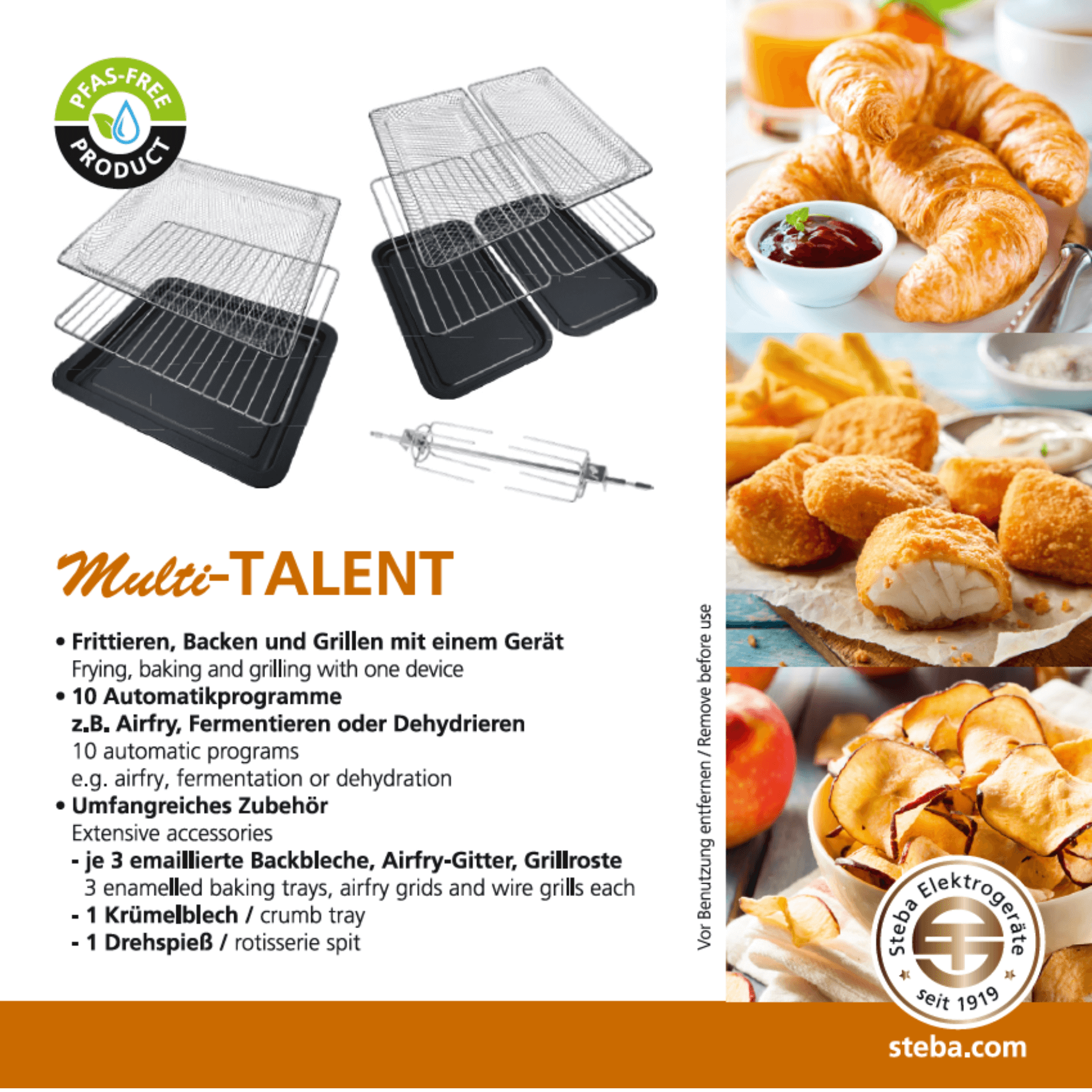 Multitalent Airfryofen von Steba: Frittieren, Backen, Grillen. 10 Automatikprogramme, umfangreiches Zubehör. PFAS-frei.