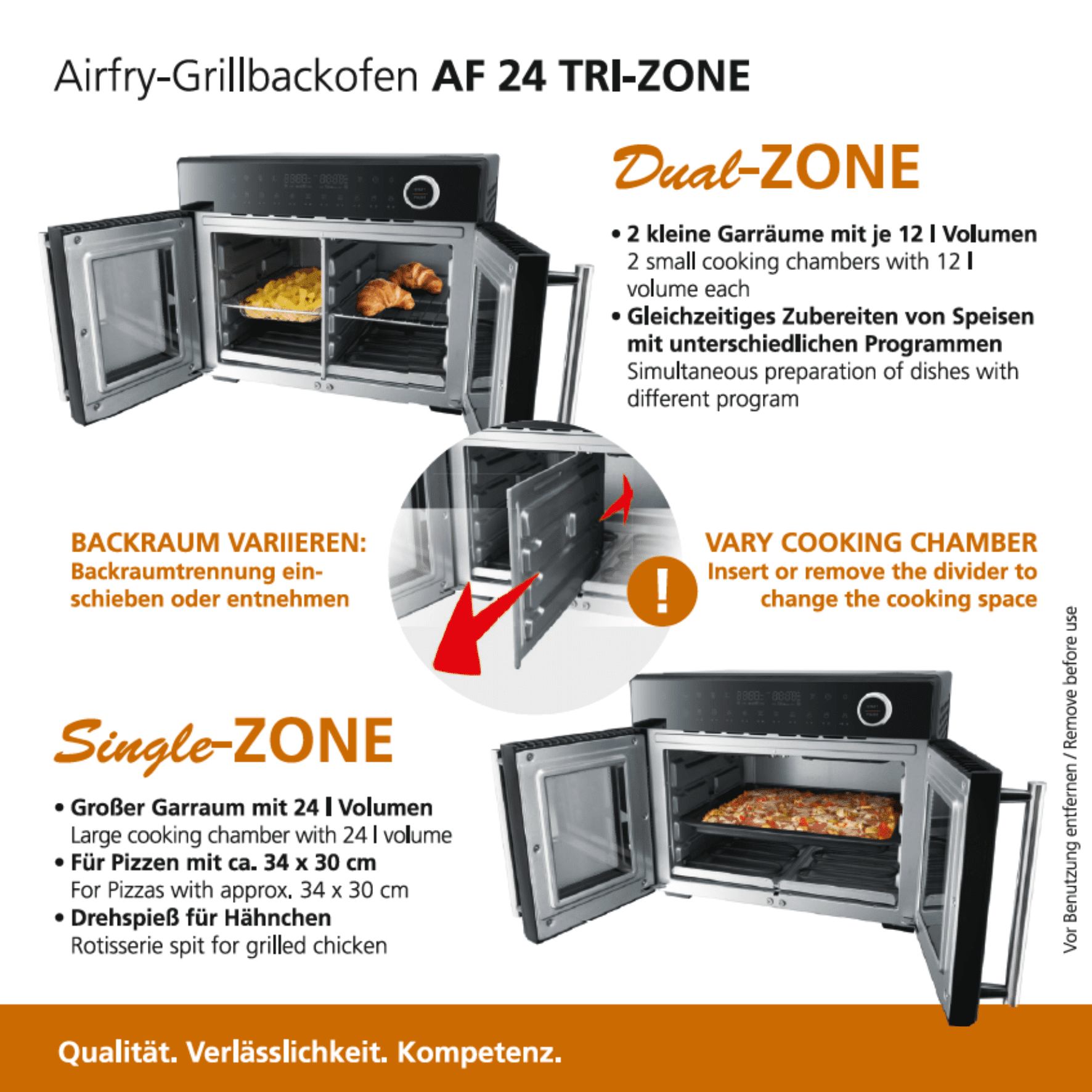 Airfry-Grillbackofen AF 24 TRI-ZONE mit zwei 12 l Garraum oder einem 24 l Garraum, geeignet für Pizzas bis 34 x 30 cm.