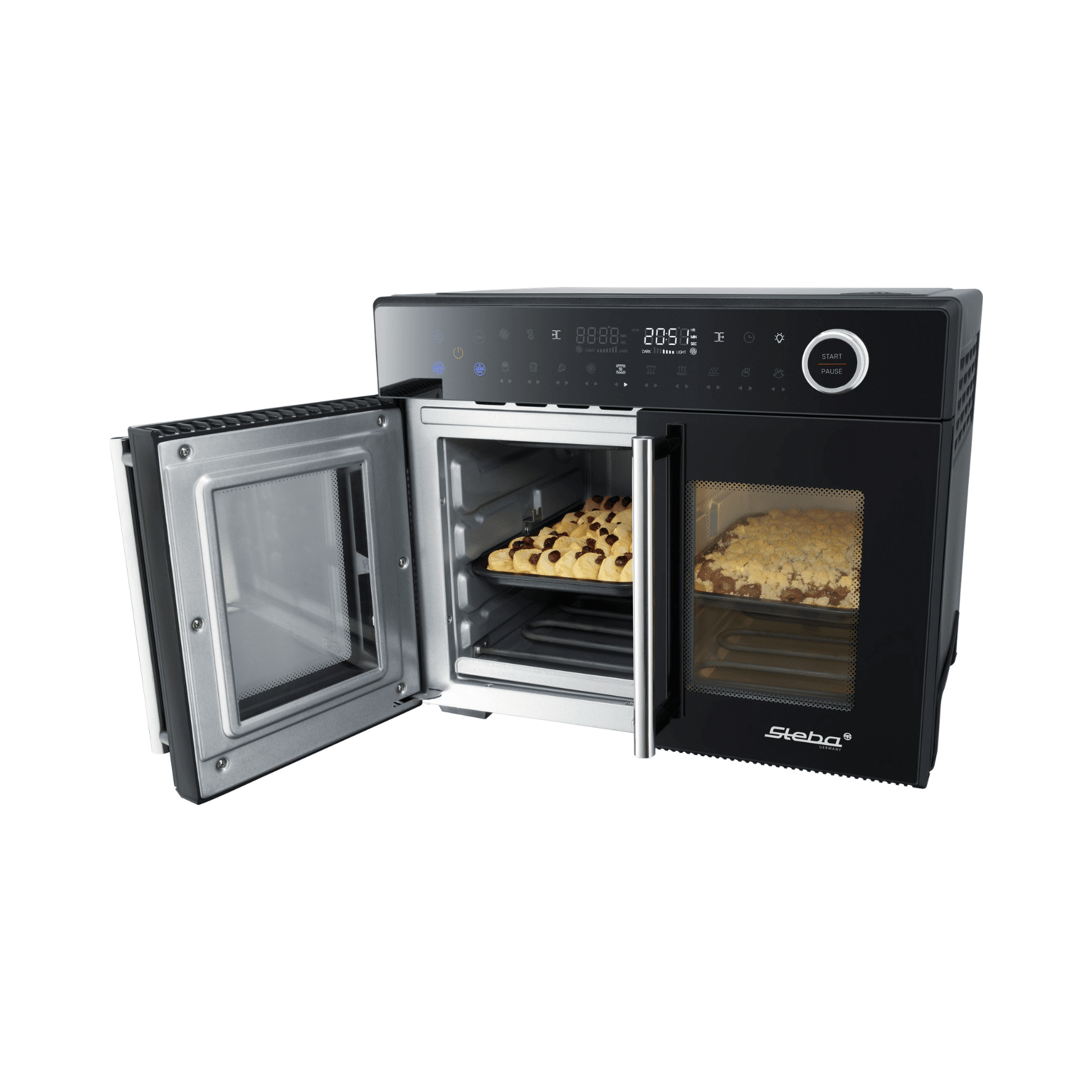Steba AF24 Airfryofen mit zwei offenen Türen, einer digitalen Steuerung und Keksen auf dem Backblech im Innenraum.