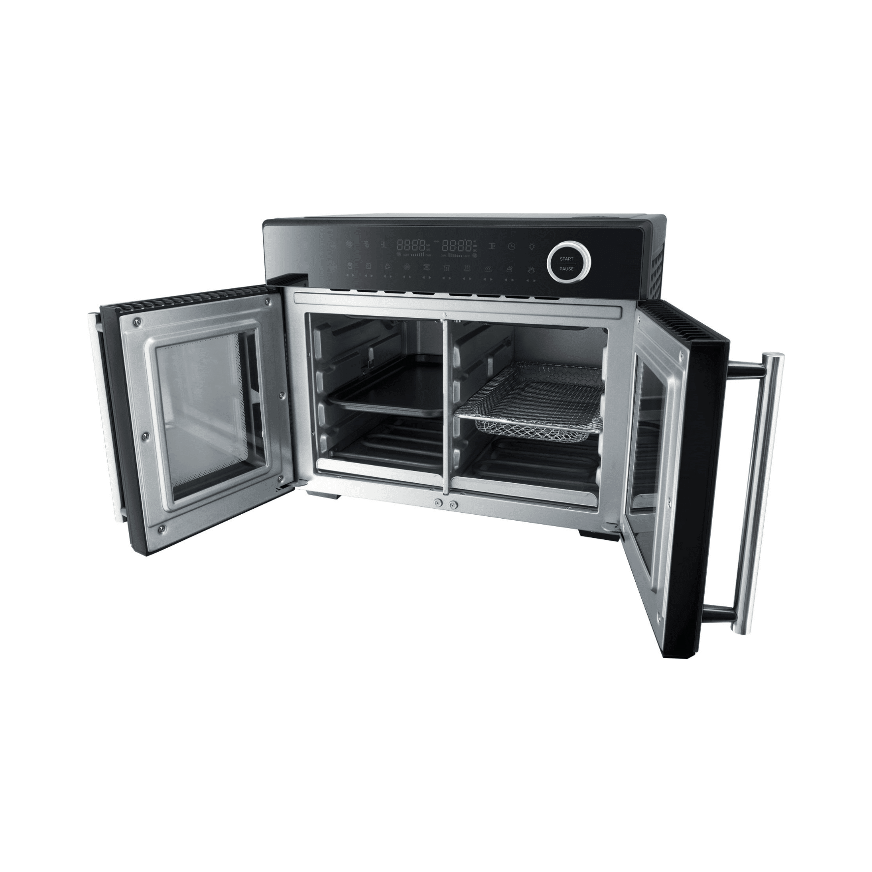 Steba AF24 Airfryofen, offen, mit zwei Fächern, Edelstahl und Glas, inklusive Rosten und Bedienfeld.