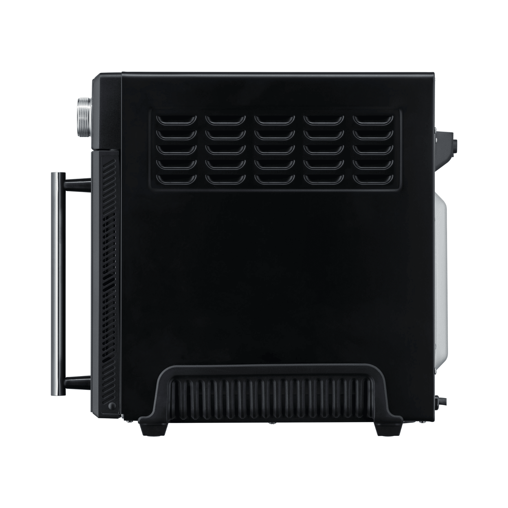 Seitliche Ansicht des Steba AF24 Airfryofen in Schwarz mit Lüftungsschlitzen und Edelstahlgriff.