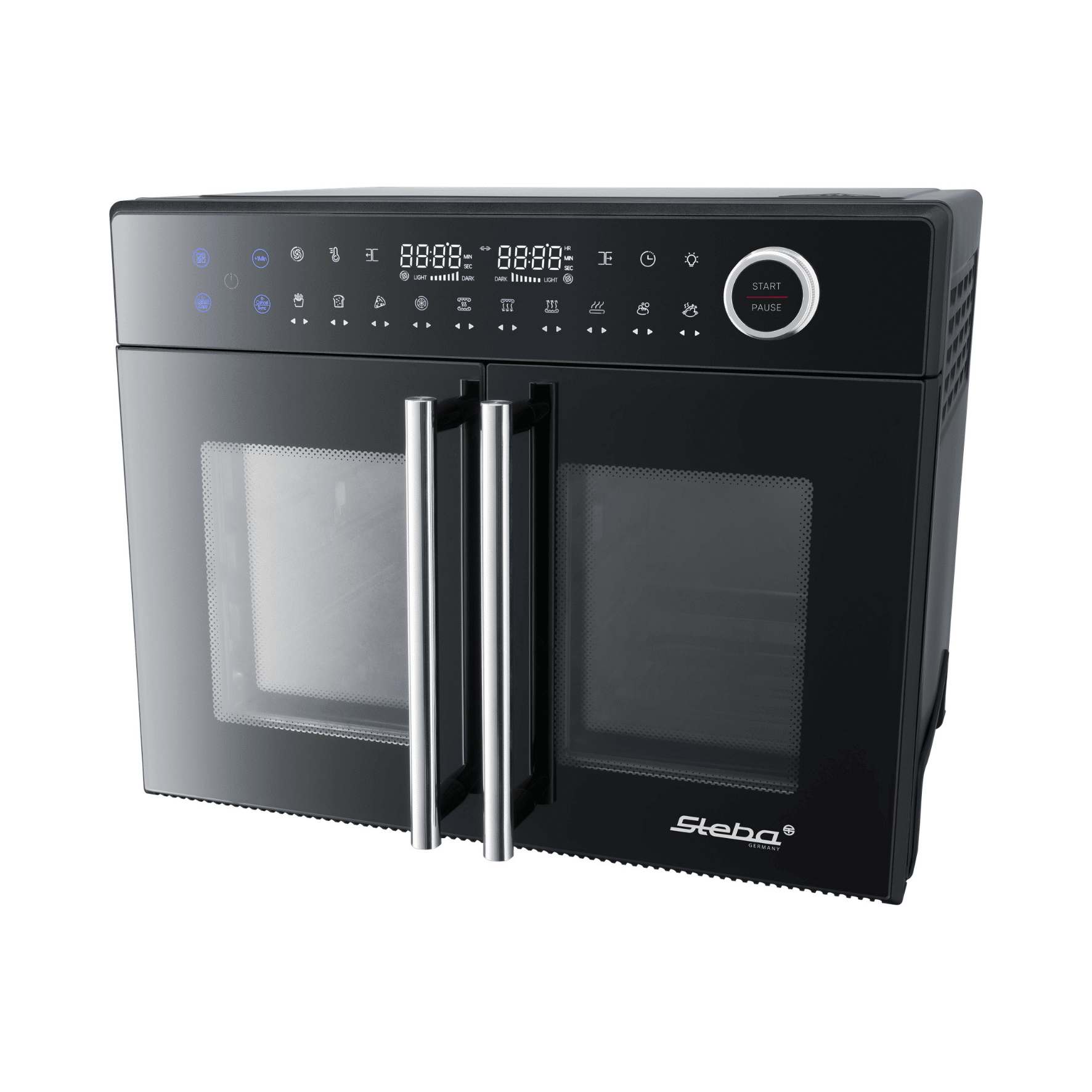 Steba AF24 Airfryofen in Schwarz mit zwei Glastüren, digitalem Display und mehreren Bedienelementen für vielseitige Kochfunktionen.