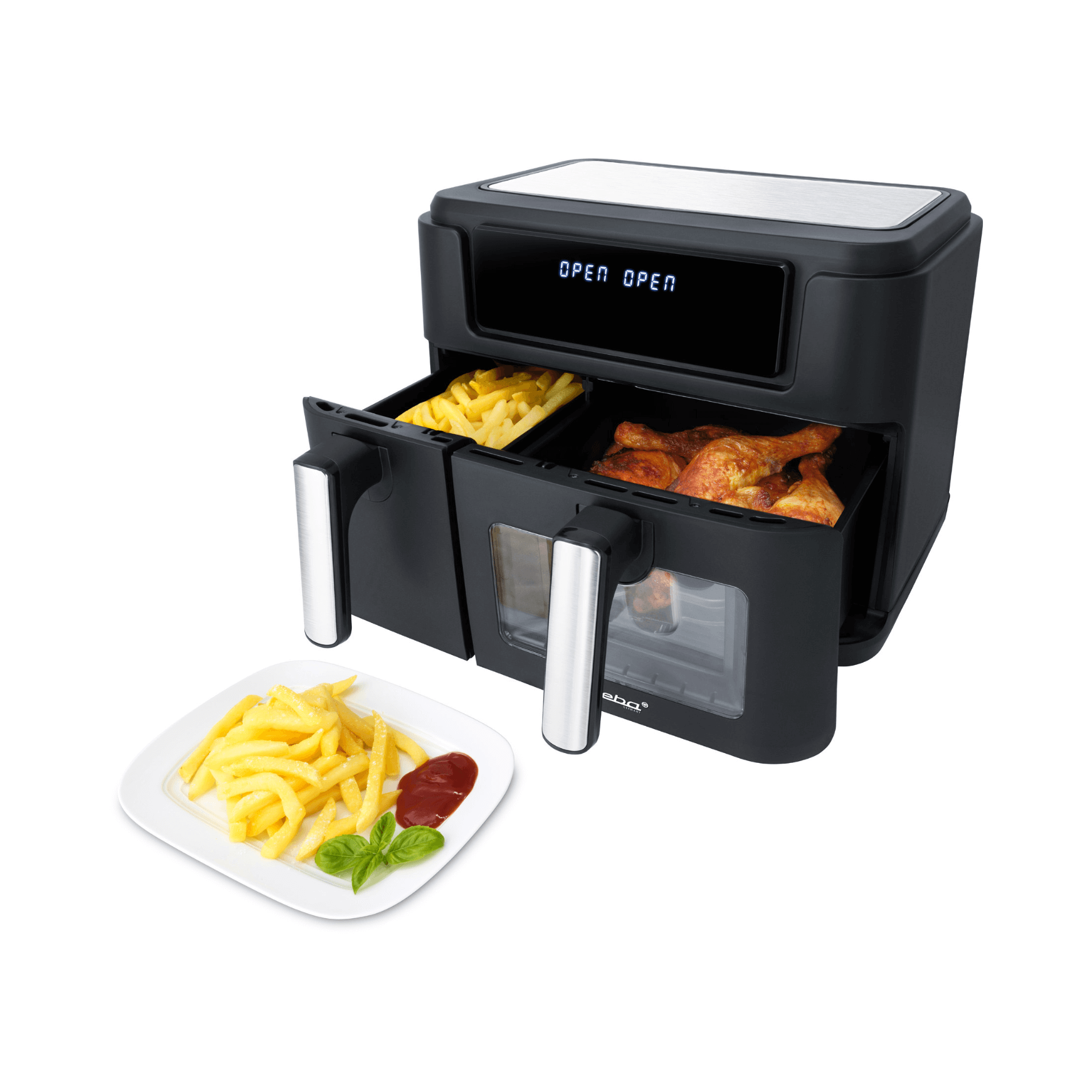 Heißluftfritteuse Steba HF9500 mit zwei Fächern für Pommes und Hähnchen, digitalem Display und einem Teller mit Pommes und Ketchup.