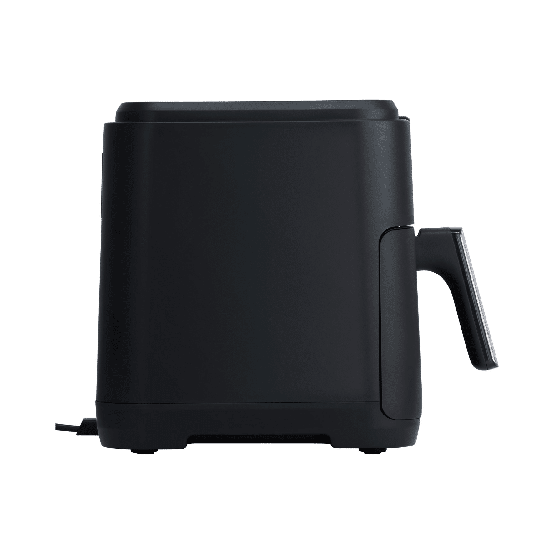 Schwarze Heißluftfritteuse Steba HF9500 im seitlichen Ansichtsprofil mit Griff und kompaktem Design.