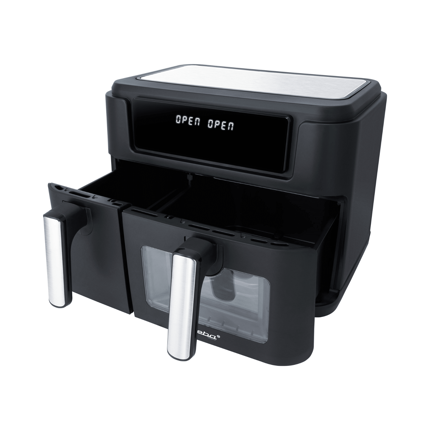 Heißluftfritteuse Steba HF9500 in Schwarz, mit zwei herausziehbaren Fächern und digitalem Display.