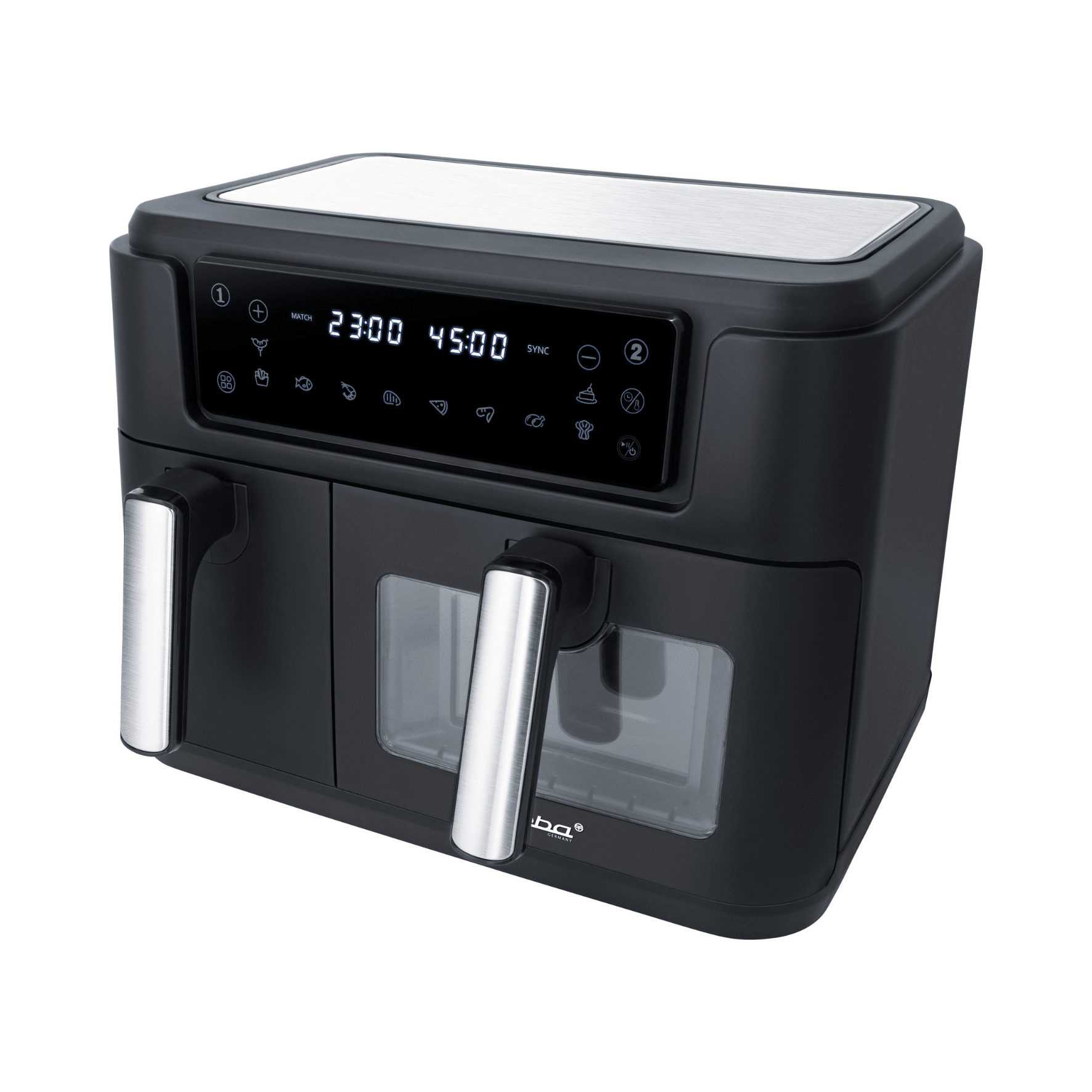 Heißluftfritteuse Steba HF9500 mit digitalem Display, zwei Frittierkammern und Edelstahlgriffen. Ideal für fettfreies Frittieren.