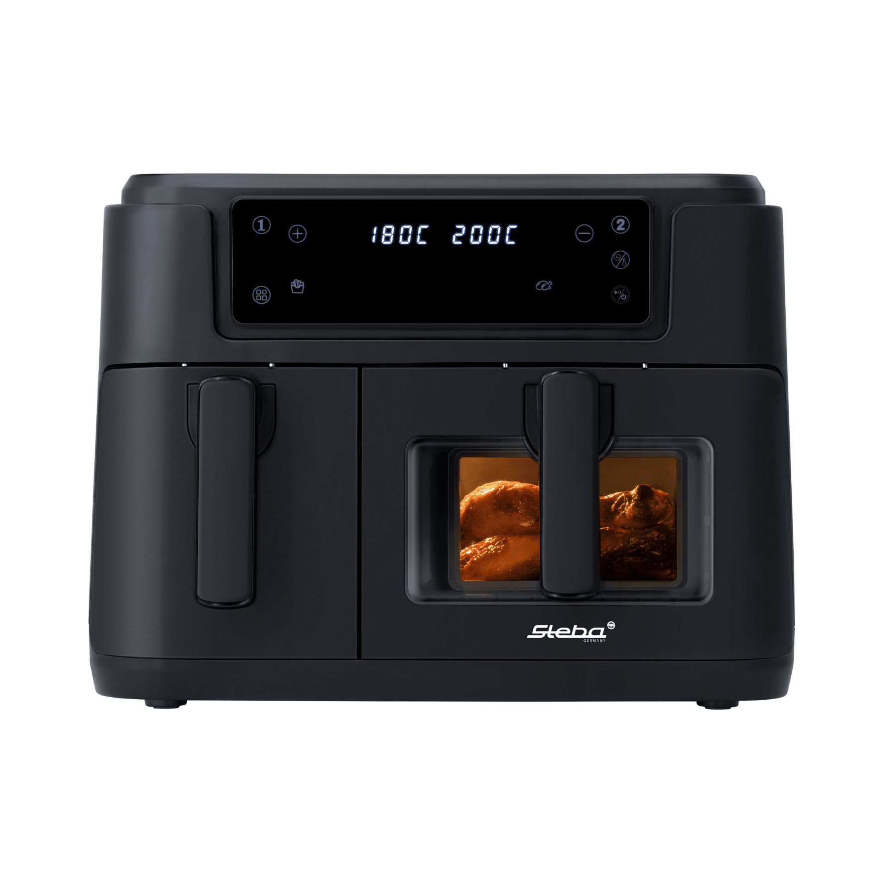 Steba HF 9501 Heißluftfritteuse in Schwarz mit digitalem Display, zwei Frittierfächern und Beleuchtung für optimale Sicht.