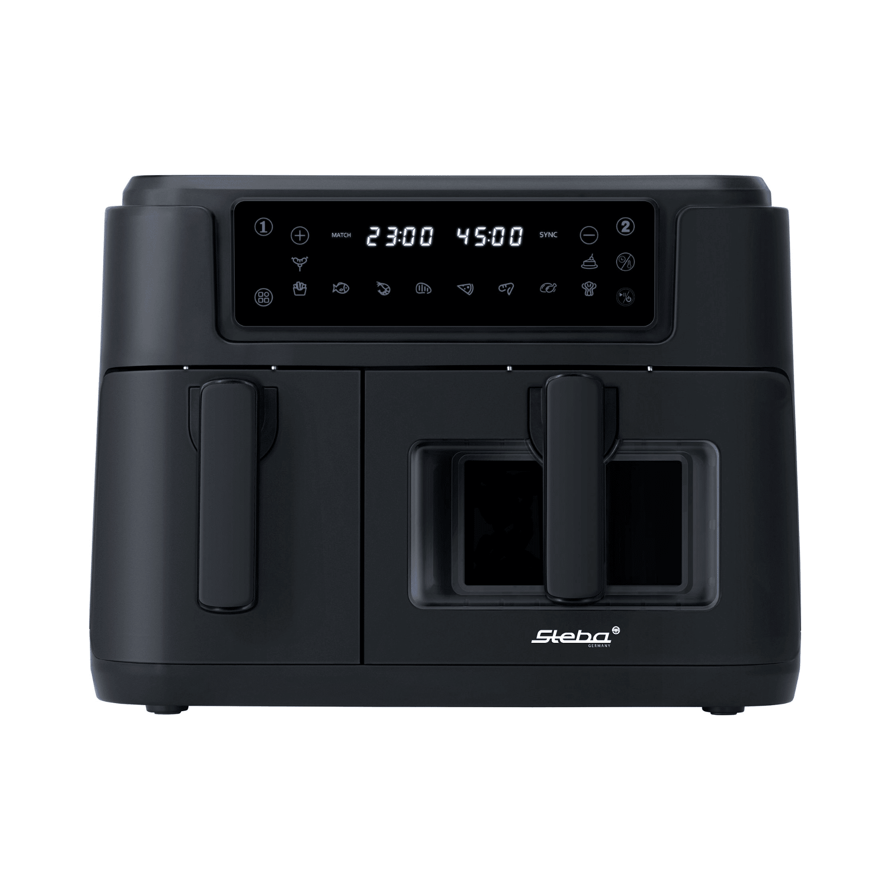 Heißluftfritteuse Steba HF9501 in Schwarz, mit digitalem Display und zwei Frittierkammern für gleichzeitiges Kochen.