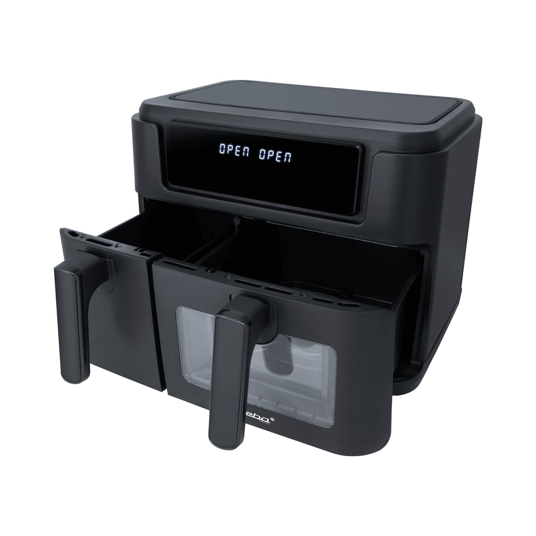 Heißluftfritteuse Steba HF9501, schwarz, mit zwei Schubladen, offene Sicht auf den Innenraum, digitale Anzeige.