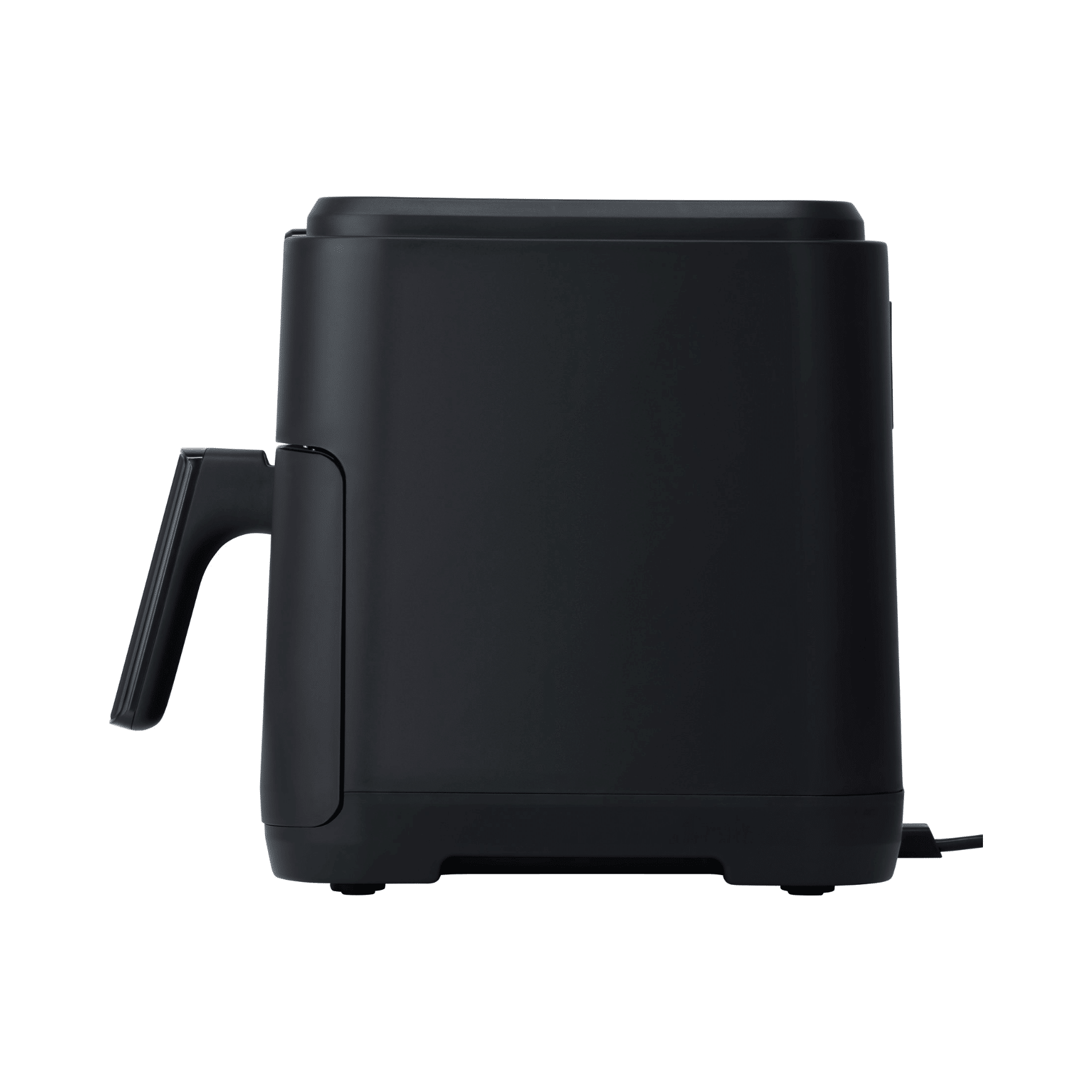 Steba HF9501 Heißluftfritteuse in Schwarz, seitliche Ansicht mit Griff und Kabel, modernes und kompaktes Design.