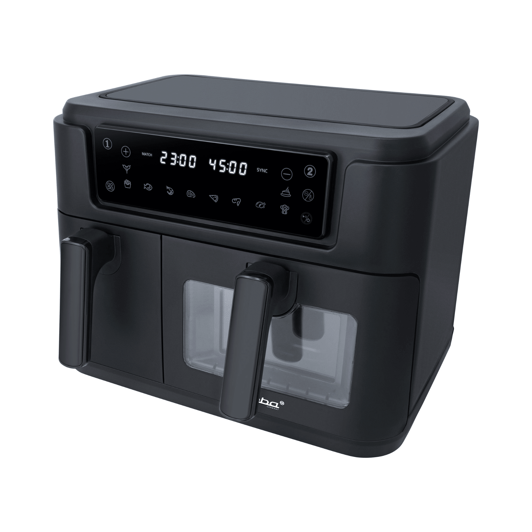 Heißluftfritteuse Steba HF9501 mit digitalem Display, zwei Frittierkammern und Bedienhebeln in schwarzem Design.