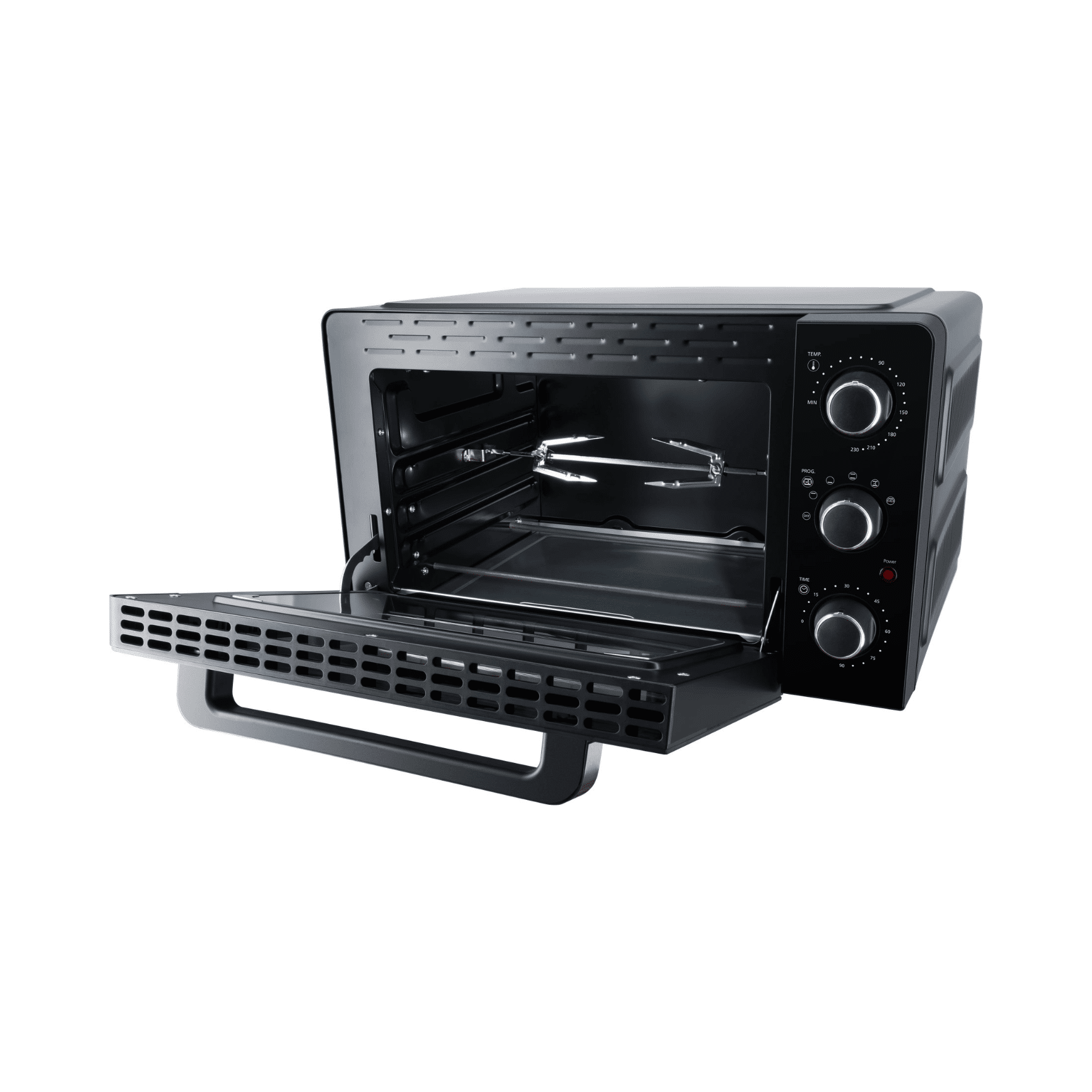 Grillbackofen von Steba mit offenem Design, sichtbarem Innenraum und Spießhalterung. Regler für Temperatur und Zeit.