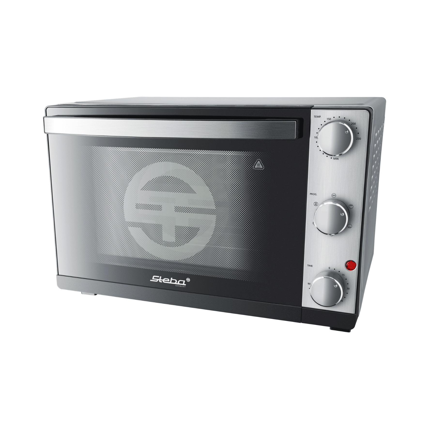 Grillbackofen Steba KB324 mit Edelstahl-Oberfläche, analoger Temperatur- und Zeiteinstellung, transparentem Sichtfenster.