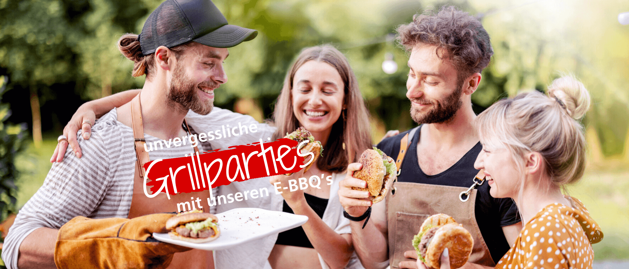 Grillende Freunde genießen BBQ in der Natur, umgeben von Pflanzen, mit Burgern und einer Grillplatte.