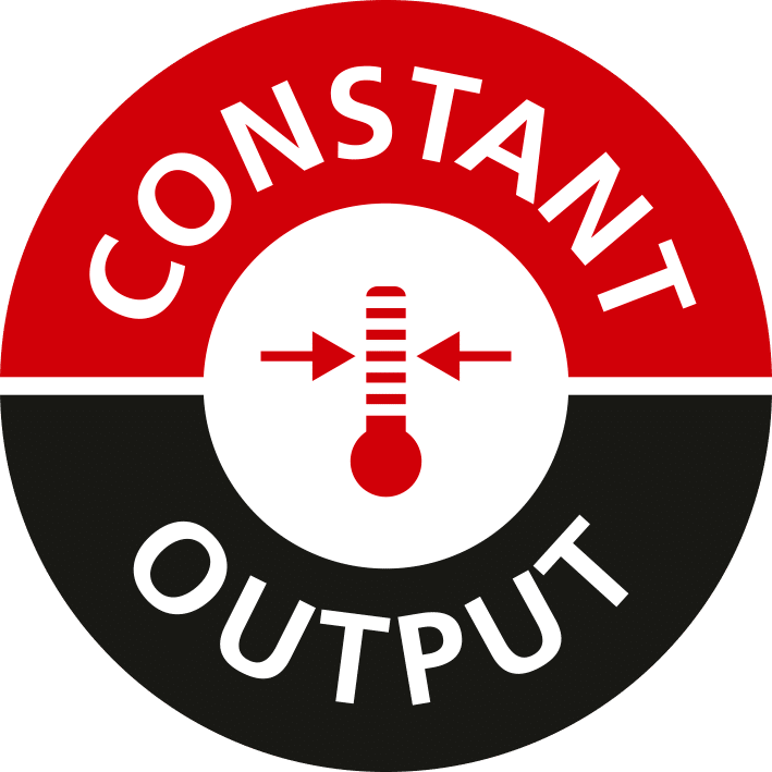Symbol für konstanten Output, mit grafischen Elementen zur Temperaturregulierung in Rot und Schwarz.