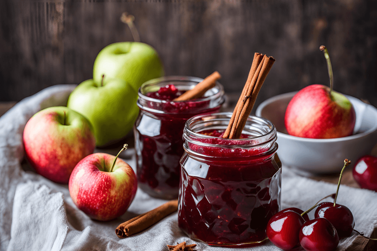 Gläser mit Apfel-Kirsch-Marmelade, dekoriert mit Zimtstangen, umgeben von roten und grünen Äpfeln sowie Kirschen.