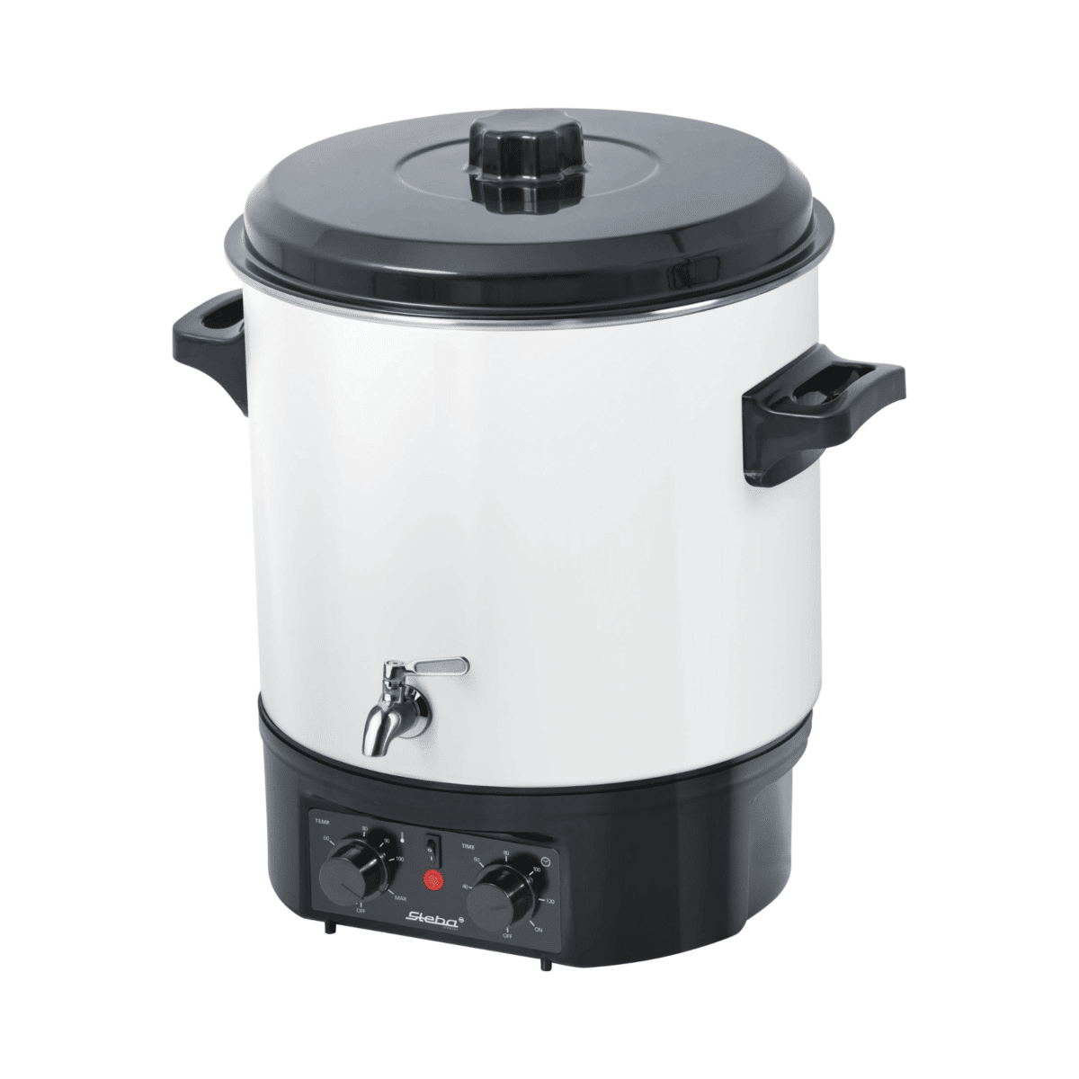 Einkocher von Steba mit einem weißen Gehäuse, schwarzen Griffen und Reglern. Ideal für das Erhitzen von Flüssigkeiten.