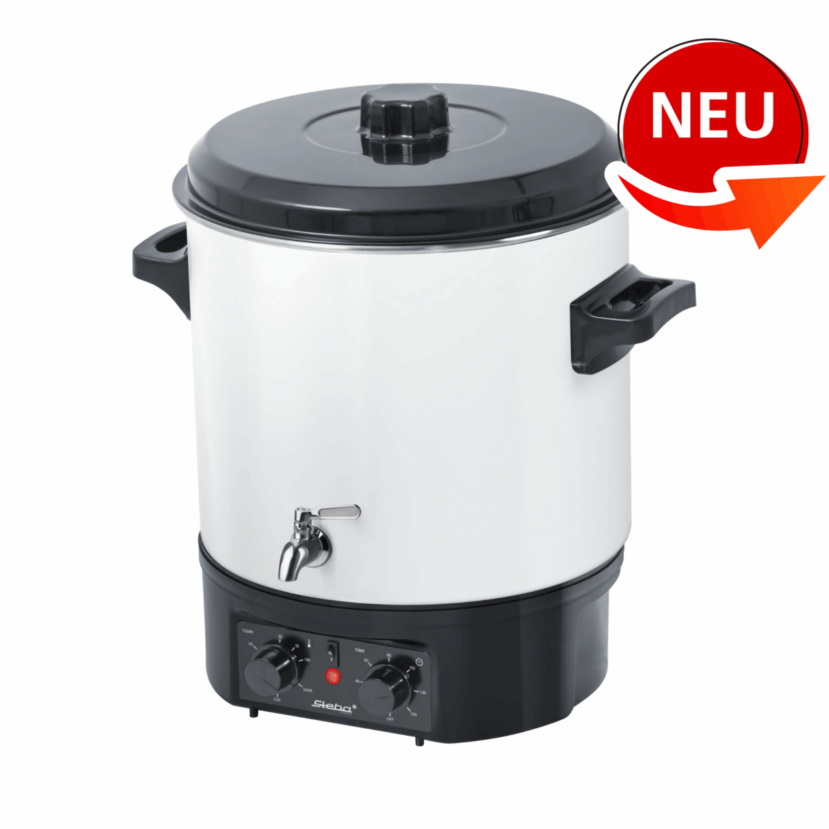 Einkocher von Steba mit einem Fassungsvermögen, verstellbarem Thermostat und Wasserhahn. Modernes Design in Weiß und Schwarz.