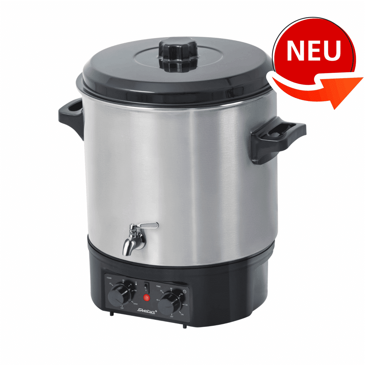 Einkocher von Steba mit Edelstahlgehäuse, Ablasshahn und zwei Drehreglern für Temperatur und Zeit. Neuheit.