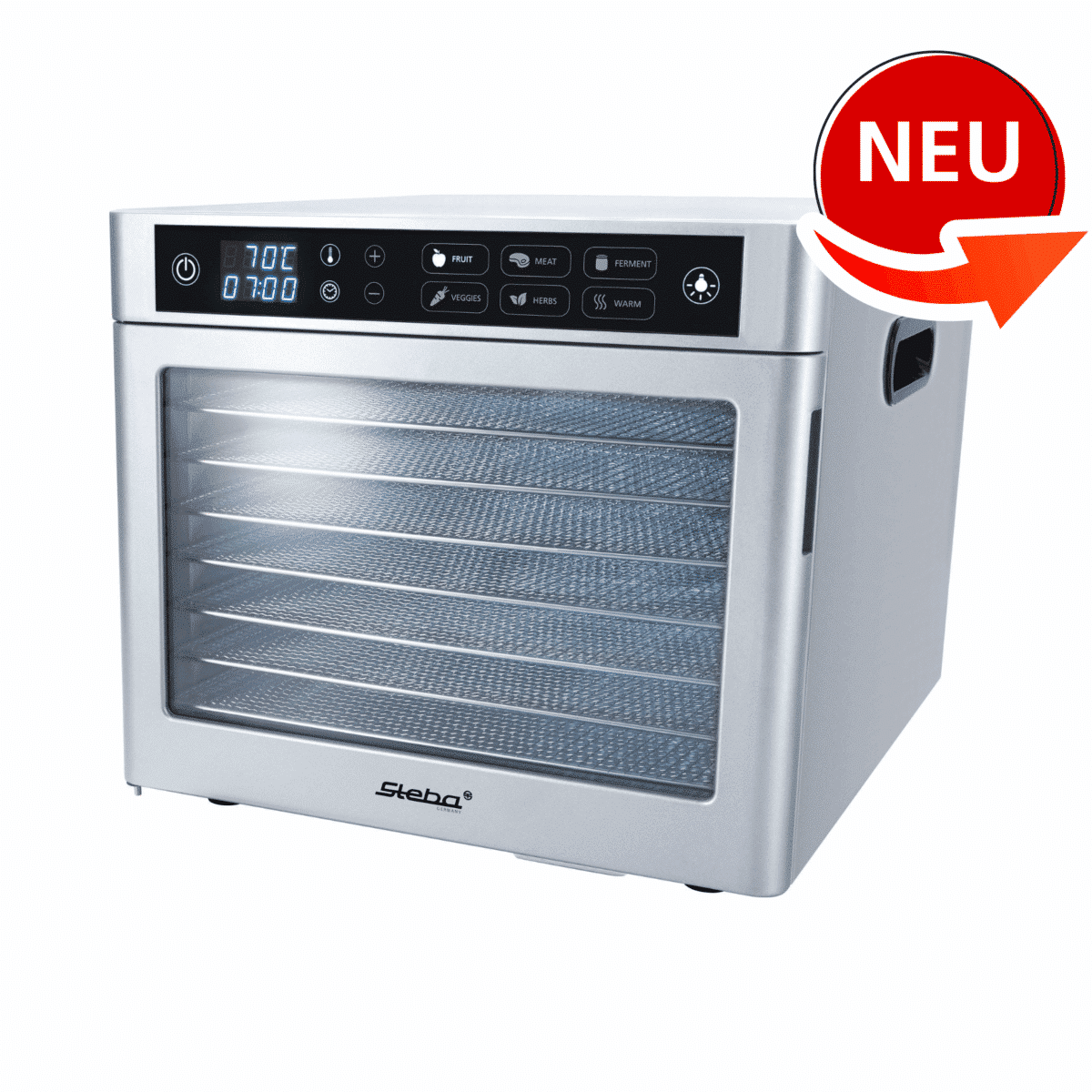 ED80 Dörrautomat von Steba mit digitalem Display, 7 Ebenen, Temperatur bis 70°C, ideal für Obst, Gemüse, Fleisch und Kräuter.