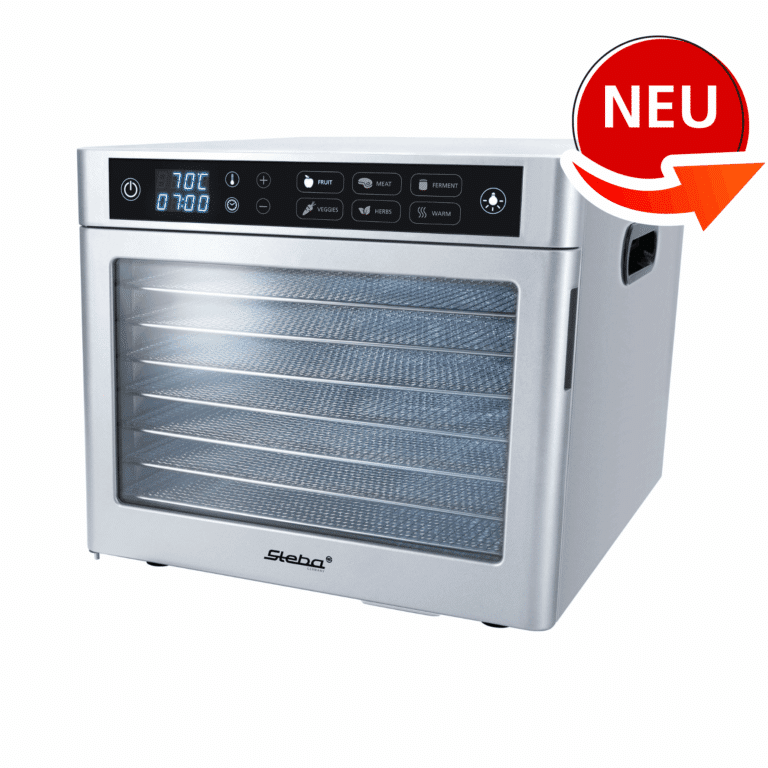 ED80 Dörrautomat von Steba mit digitalem Display, 7 Ebenen, Temperatur bis 70°C, ideal für Obst, Gemüse, Fleisch und Kräuter.