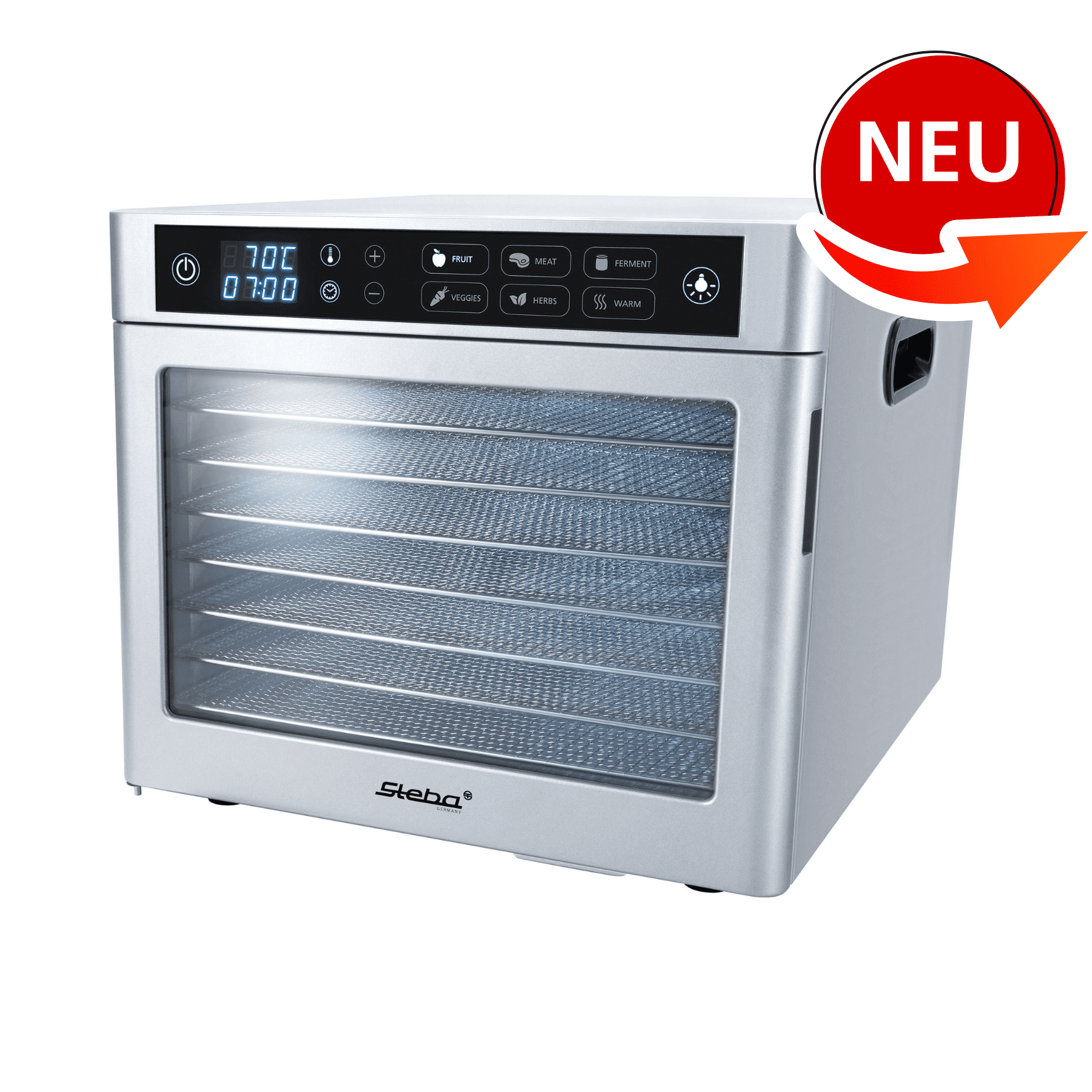 ED80 Dörrautomat von Steba mit digitalem Display, 7 Ebenen, Temperatur bis 70°C, ideal für Obst, Gemüse, Fleisch und Kräuter.