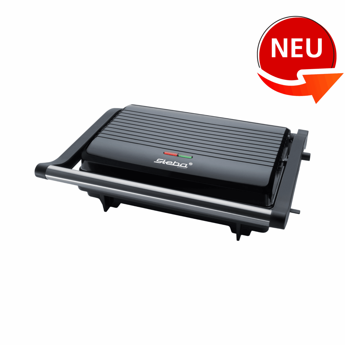 Steba FG10 Kontaktgrill in Schwarz mit Edelstahl-Applikationen und Kontrollleuchten für optimale Grilltemperatur.