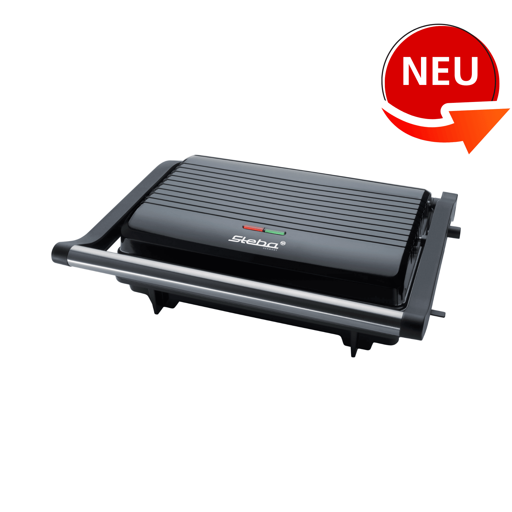 Steba FG10 Kontaktgrill in Schwarz mit Edelstahl-Applikationen und Kontrollleuchten für optimale Grilltemperatur.