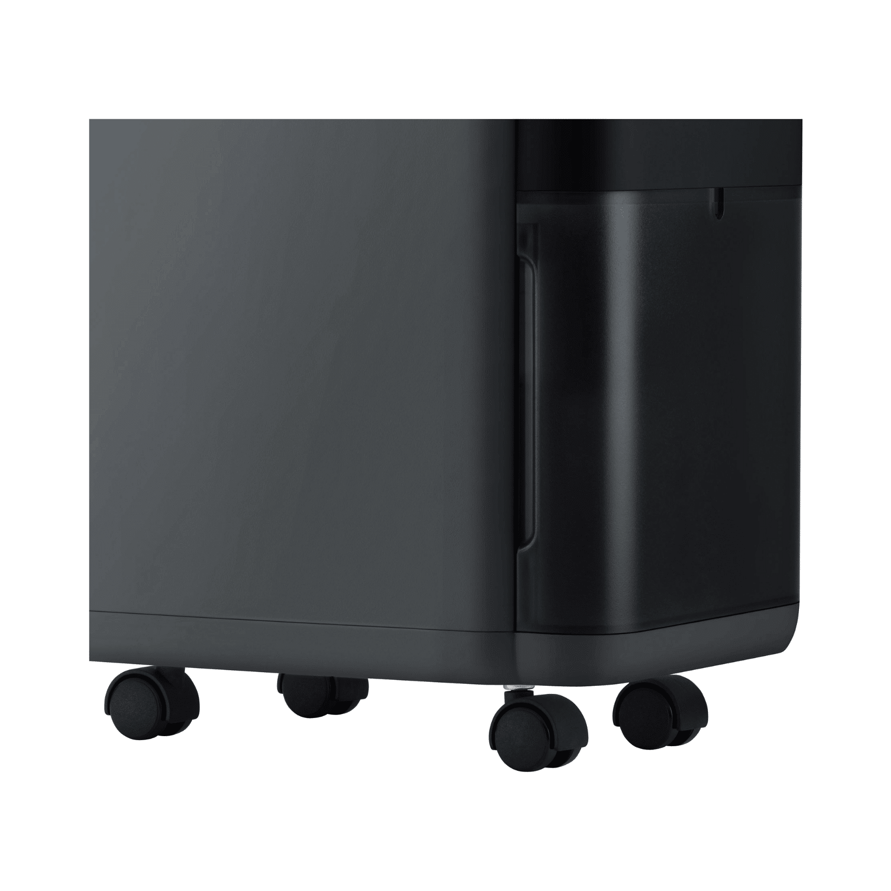 Alt-Text: Steba LE200 Luftentfeuchter mit Rollen, schwarz, Detailansicht der unteren Gehäusefläche und der mobilen Rollen.