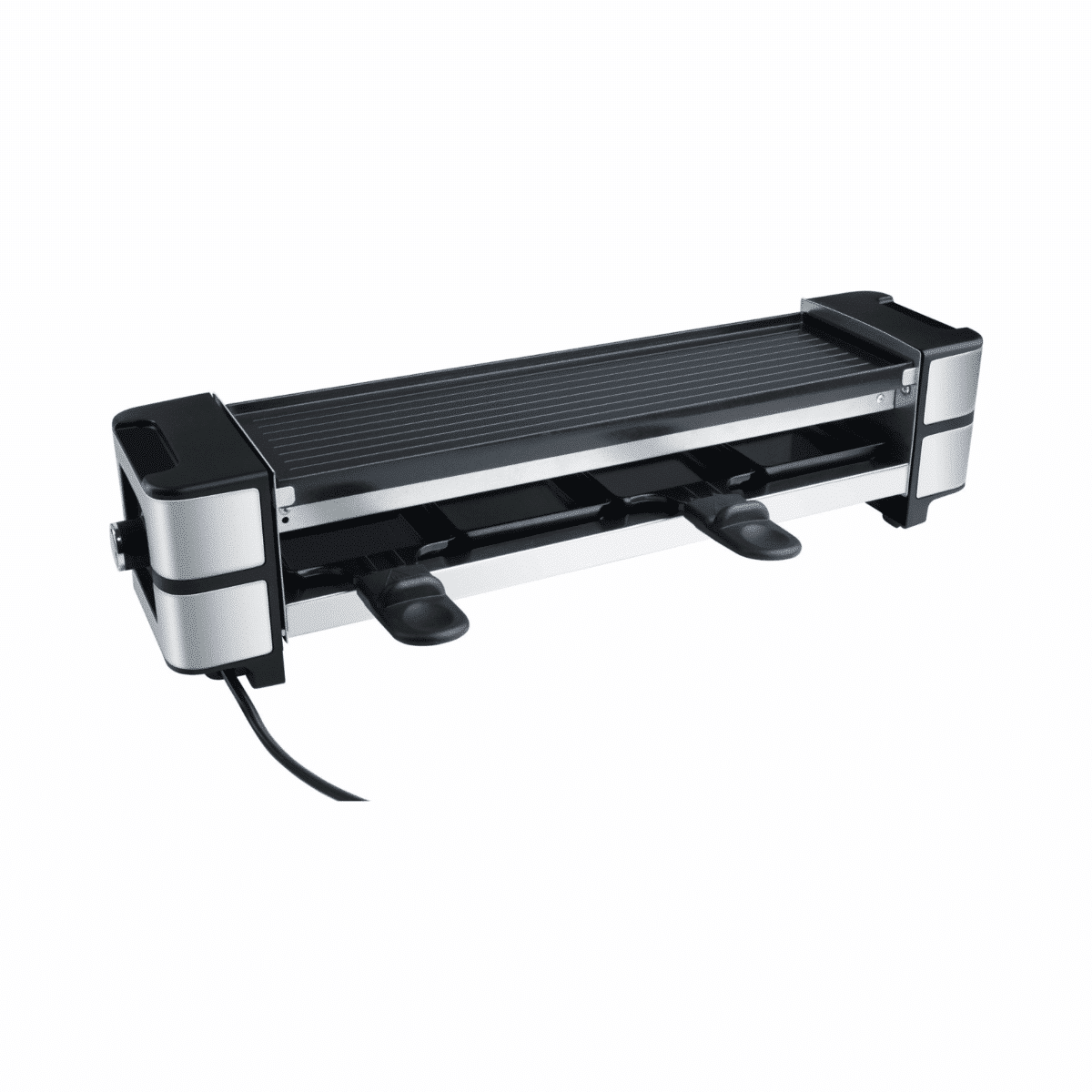 Steba Raclette-Grill RC140 mit zwei Pfännchen und geripptem Grillbereich, elegant in Schwarz und Silber, ideal für gesellige Abende.