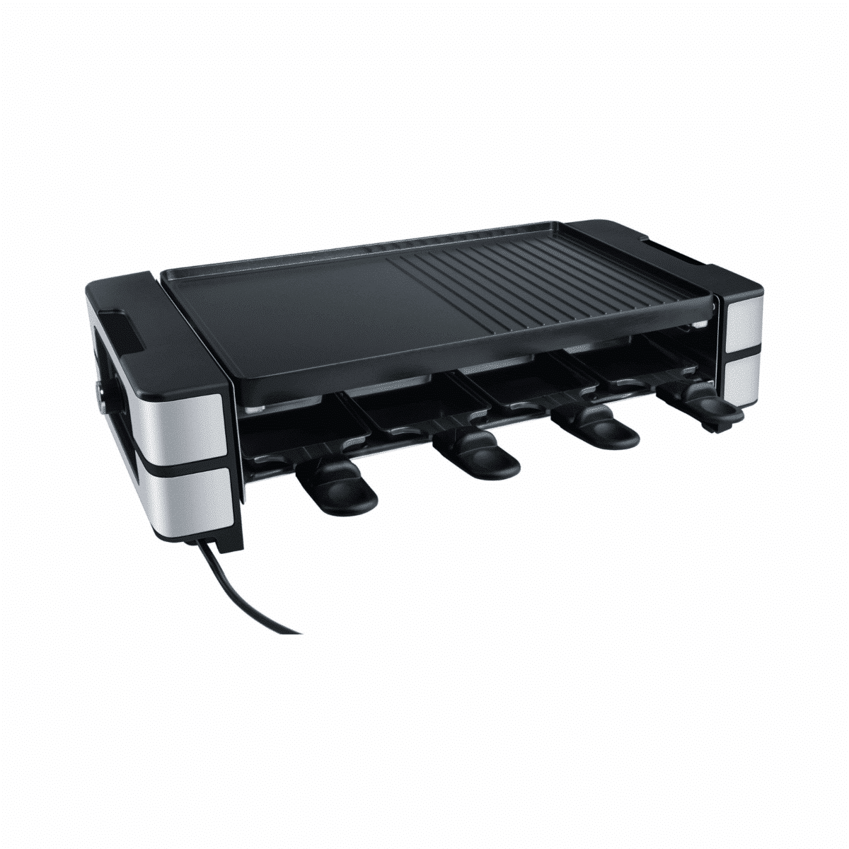 Steba RC180 Raclette-Grill mit einer großen Grillfläche und vier Pfännchen für geselliges Kochen.