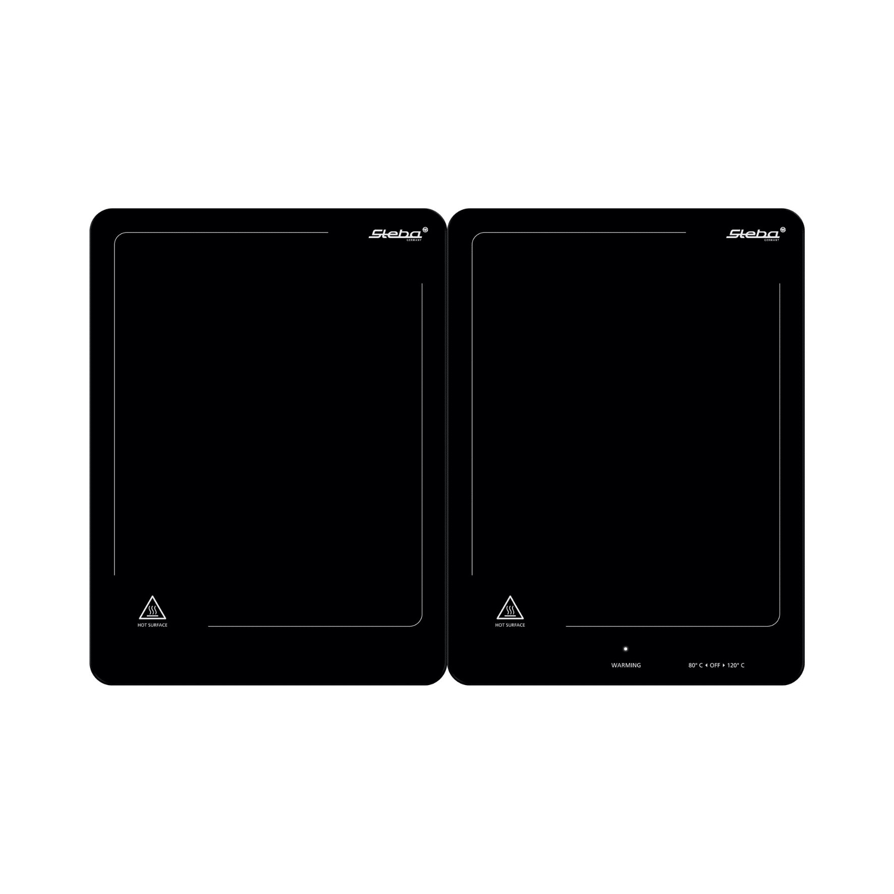 Zwei schwarze Warmhalteplatten von Steba, draufsicht mit Temperaturanzeige und Sicherheitsmerkmalen. Ideal zum Warmhalten von Speisen.