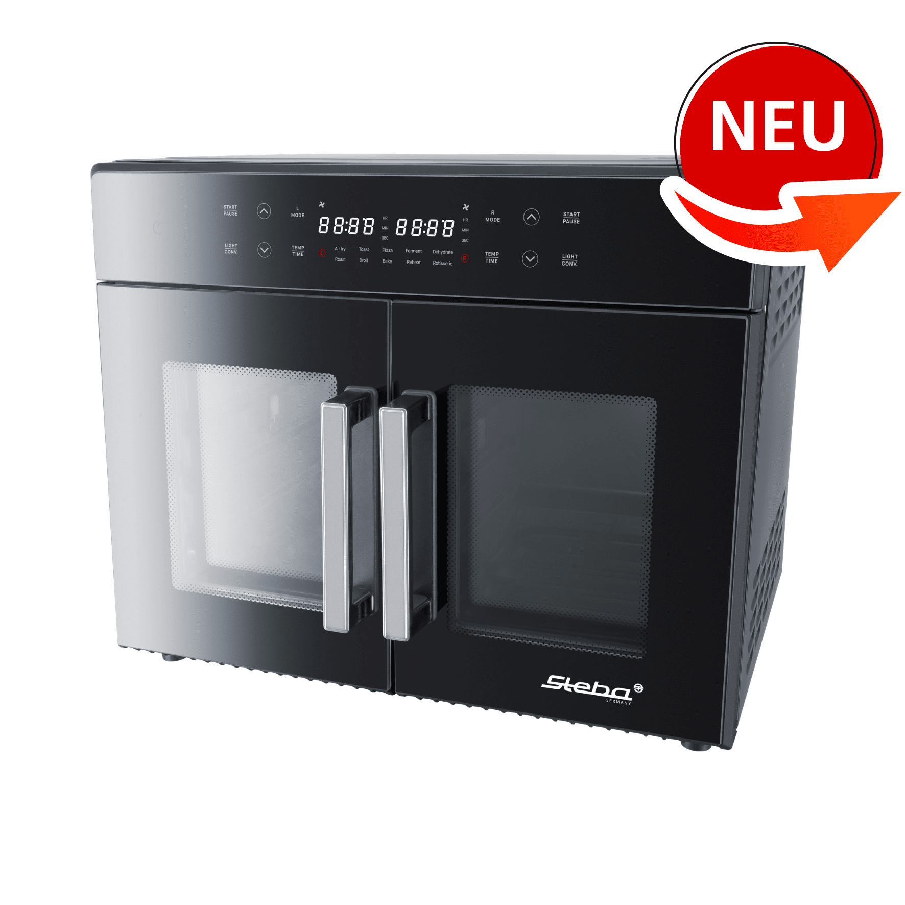 Steba AF12 Airfryofen mit zwei Türen, digitalem Display und modernen Bedienelementen. Ideal für gesundes Frittieren.